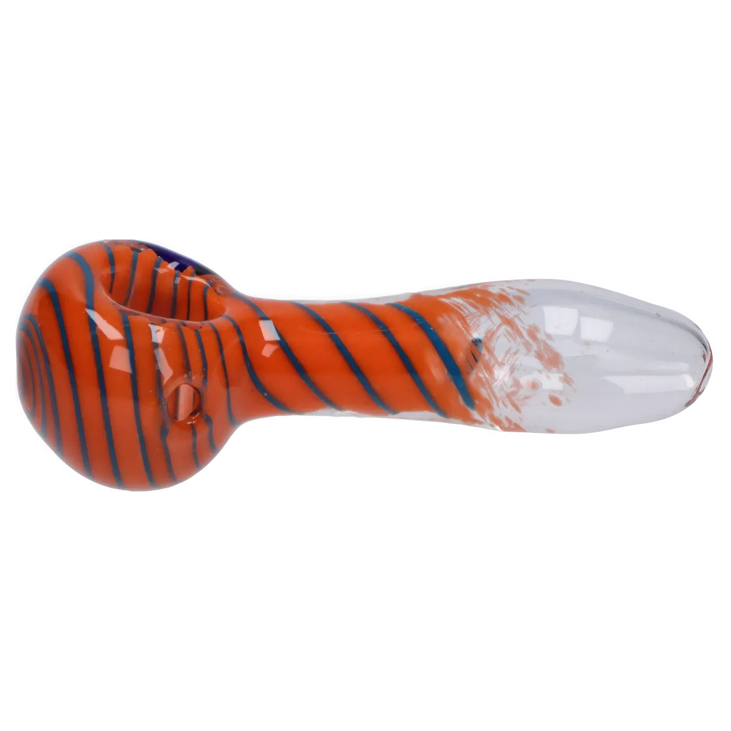 Side view of the DHC 3-inch Glass with Marble Hand Pipe showing an orange glass body with thin blue spiral stripes and a clear rounded mouthpiece.