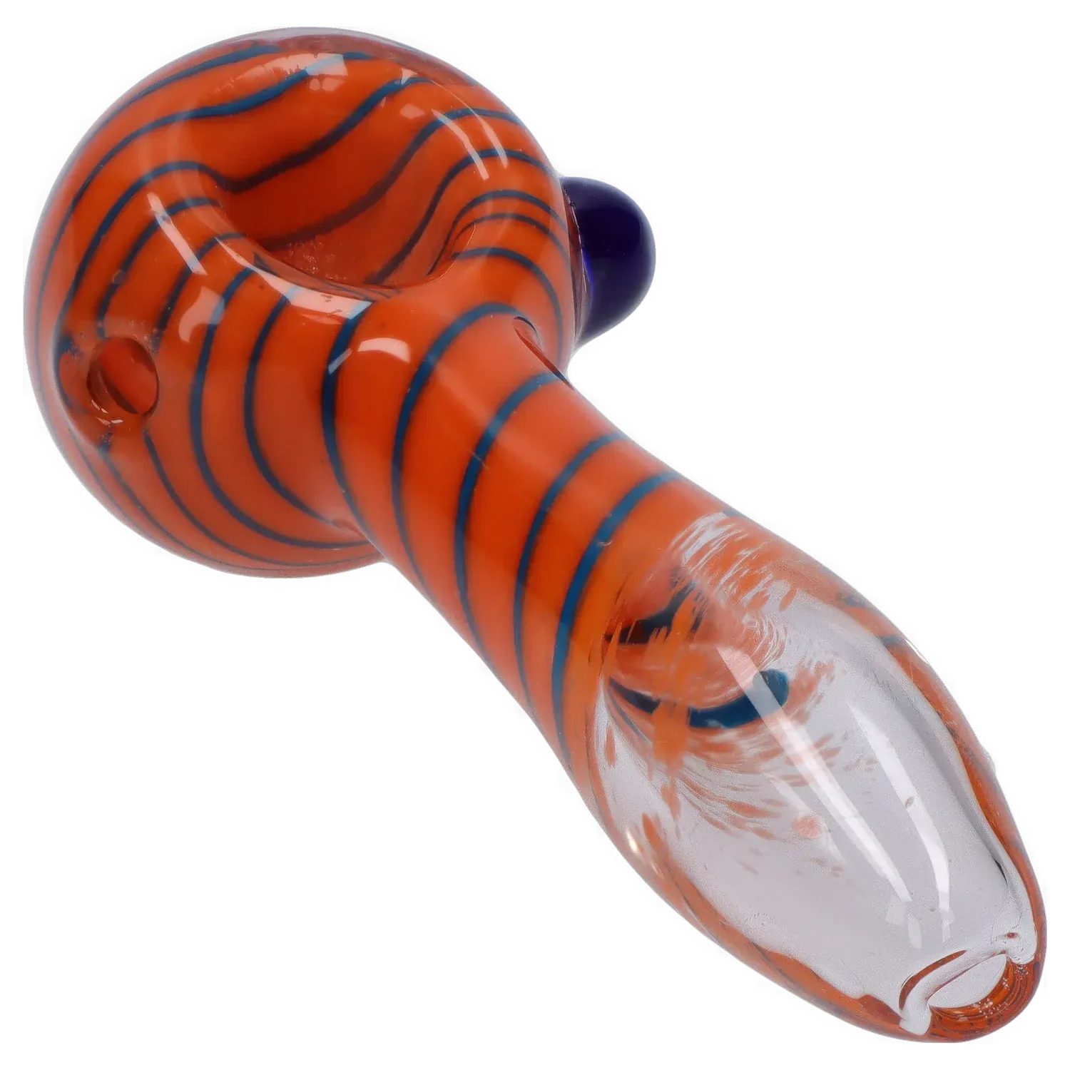 Angled close-up of the DHC 3-inch Glass with Marble Hand Pipe showing its orange body with thin blue spiral stripes and a purple marble against a black background