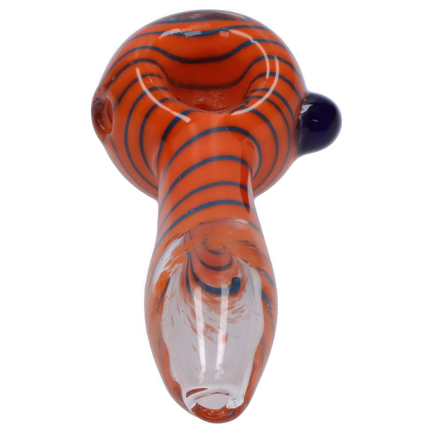 Top-down view of the DHC 3-inch Glass with Marble Hand Pipe showing orange glass with thin blue spiral stripes and a clear mouthpiece.