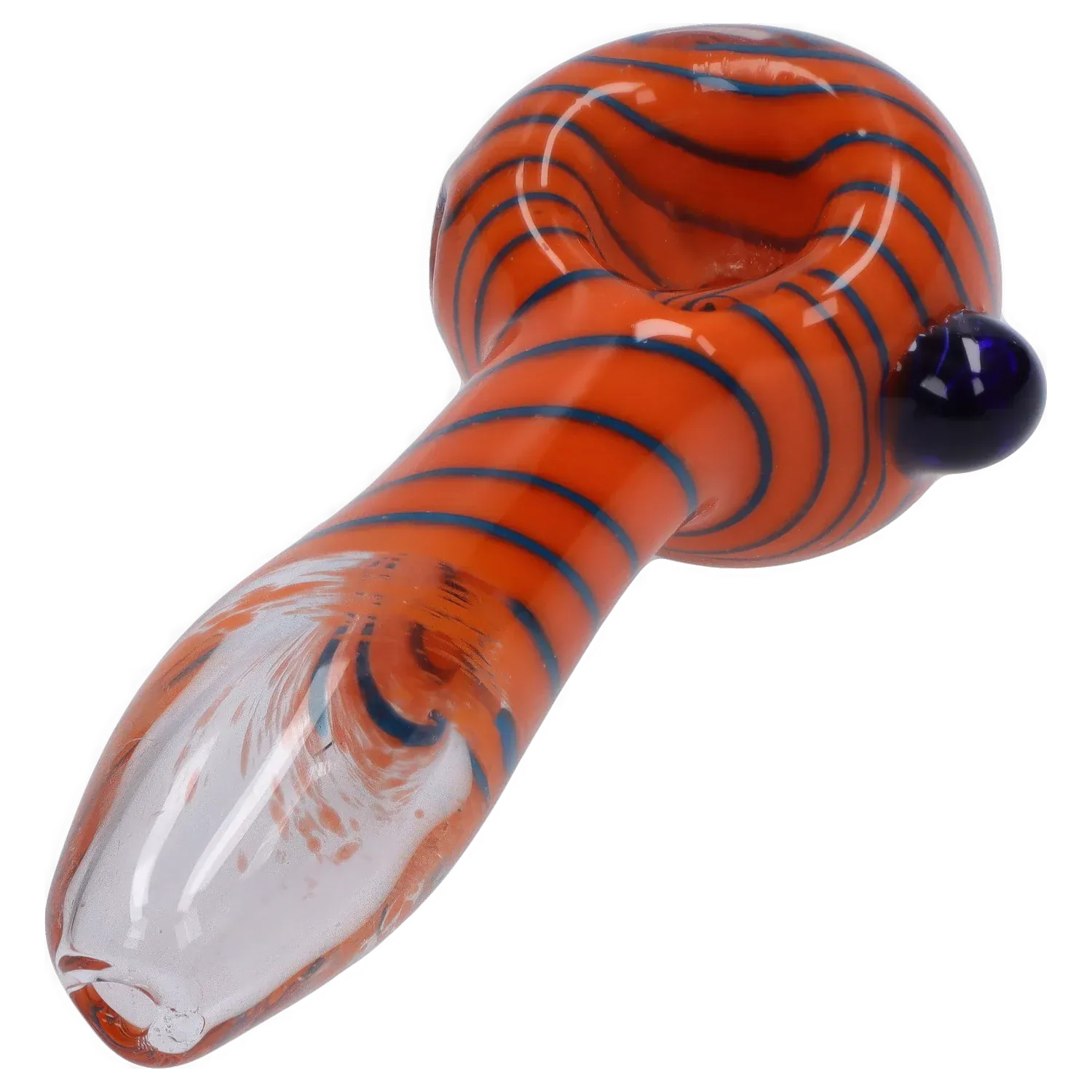 Angled close-up of the DHC 3-inch Glass with Marble Hand Pipe showing its orange body with blue spiral stripes and a dark blue marble on the side