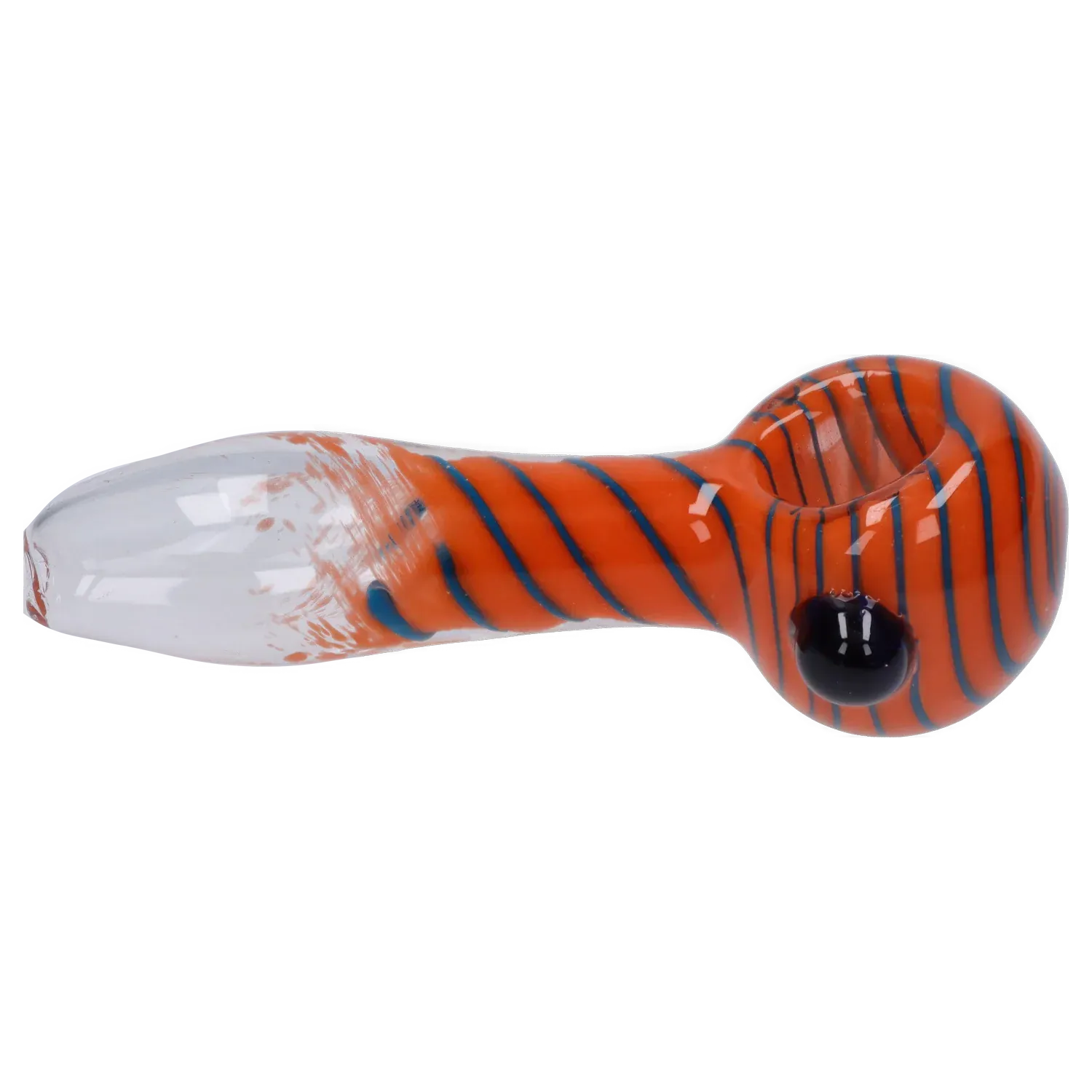 Side view of the DHC 3-inch Glass with Marble Hand Pipe showing an orange bowl with thin blue spirals and a clear mouthpiece.