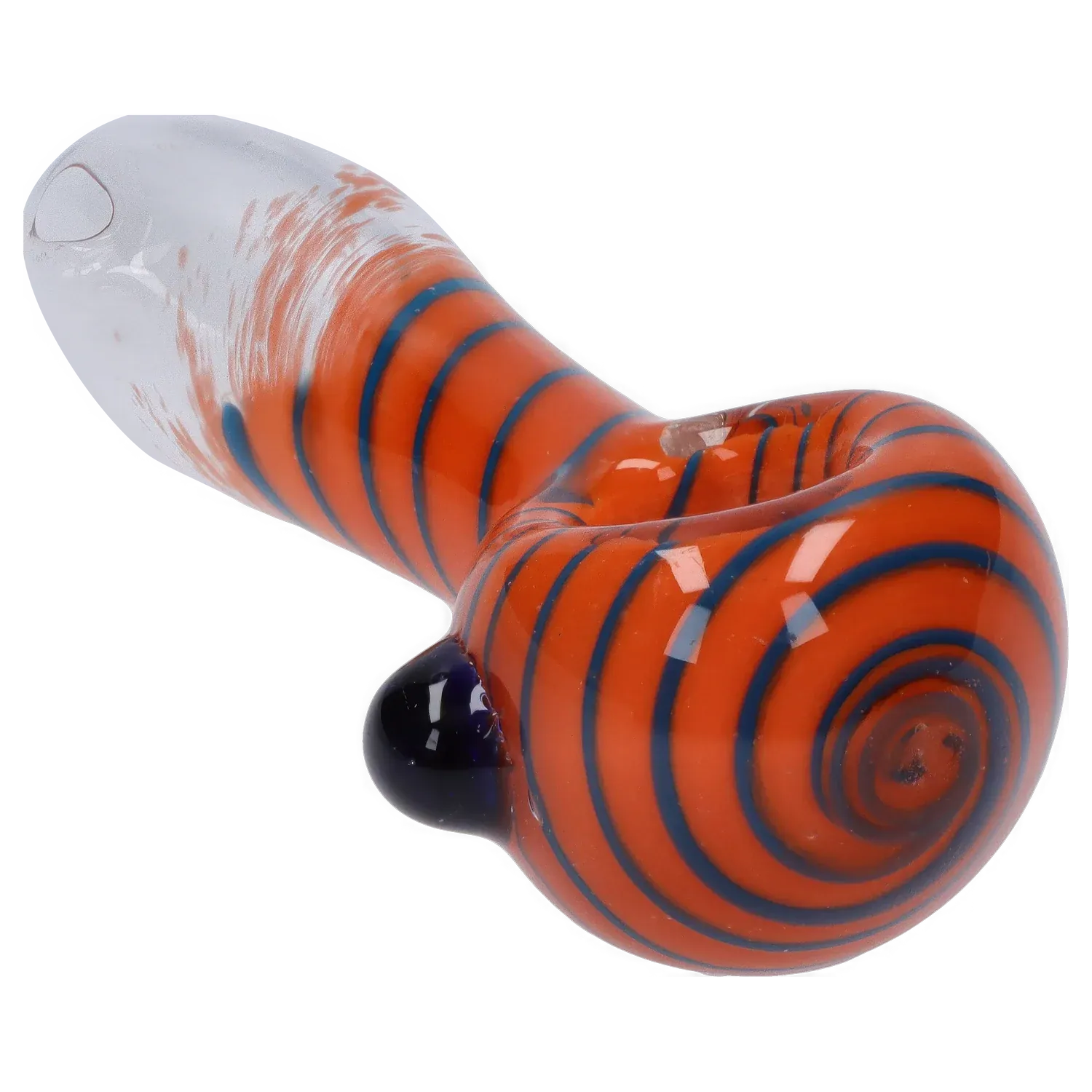Close-up angled view of the DHC 3-inch Glass with Marble Hand Pipe showing its orange body with concentric blue spiral stripes and a clear frosted mouthpiece.