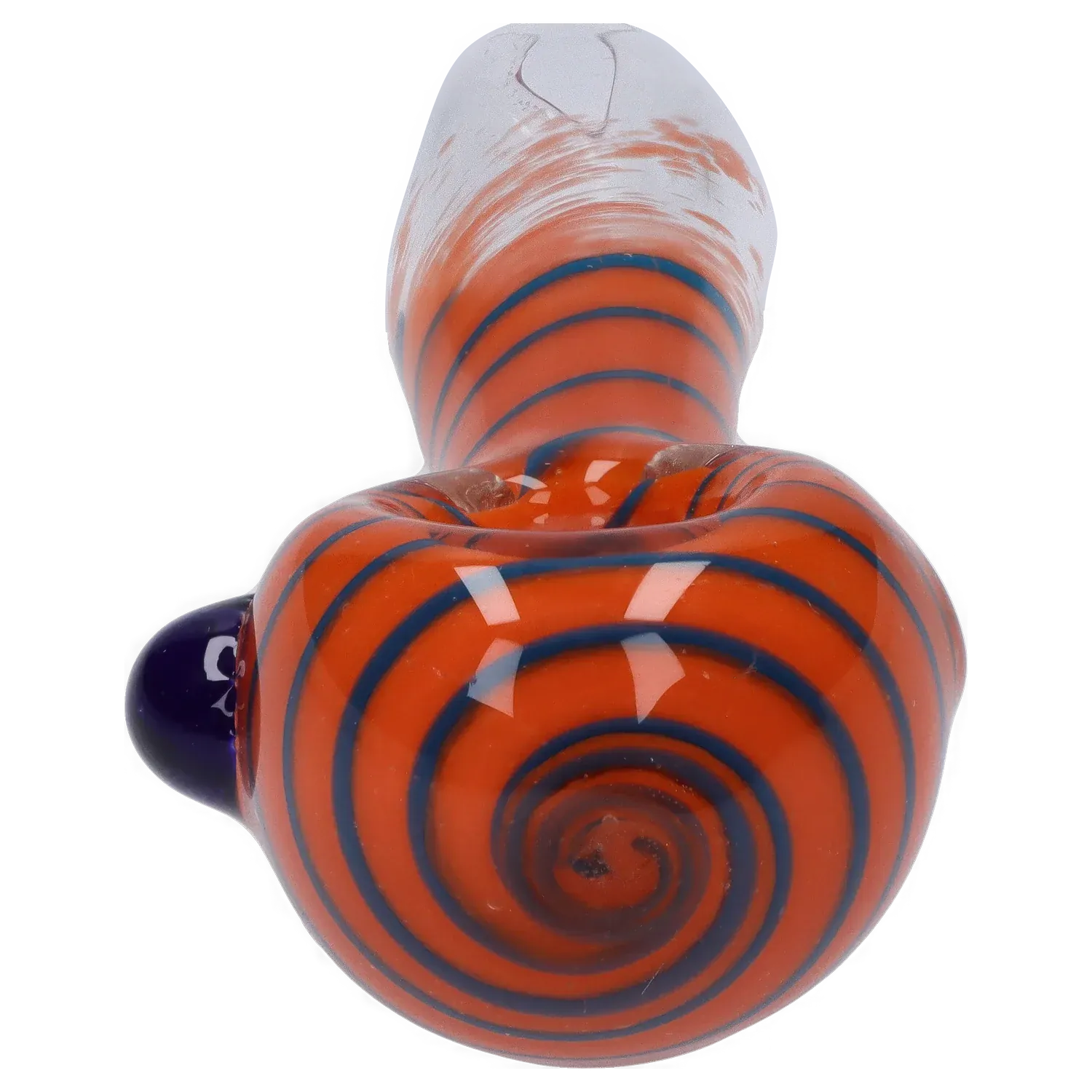 Close-up front view of the DHC 3-inch Glass with Marble Hand Pipe showing orange glass with concentric blue spiral stripes and a glossy bowl.