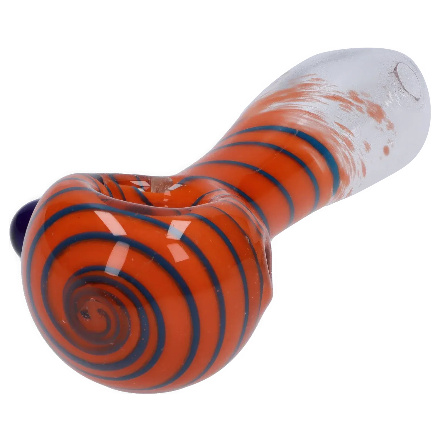 Close-up angled view of the DHC 3-inch Glass with Marble Hand Pipe showing its orange body with blue spiral stripes and rounded bowl.