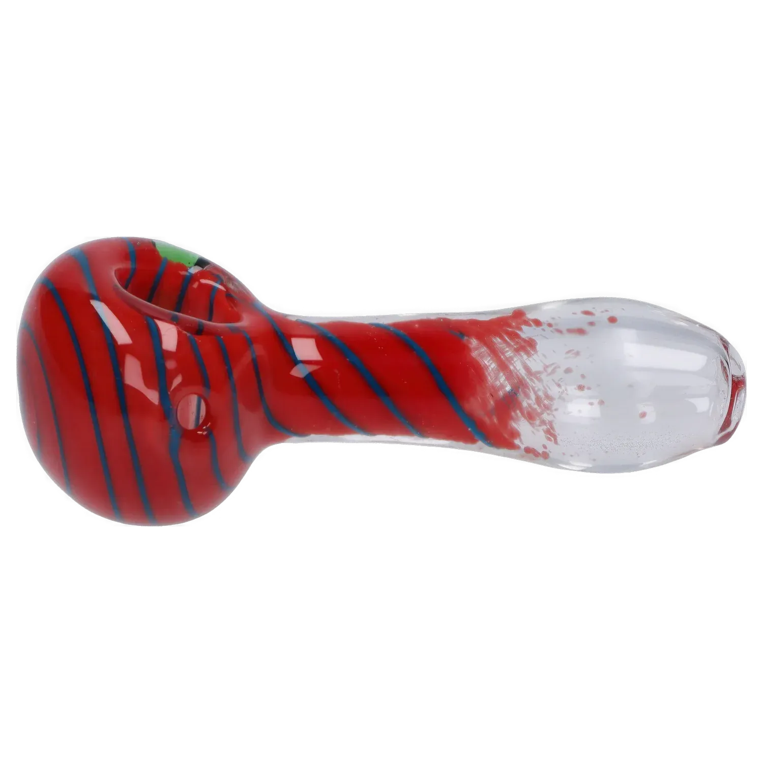 Side view of the DHC 3-inch Glass with Marble Hand Pipe showing a red bowl with blue spiral stripes fading into a clear glass mouthpiece.