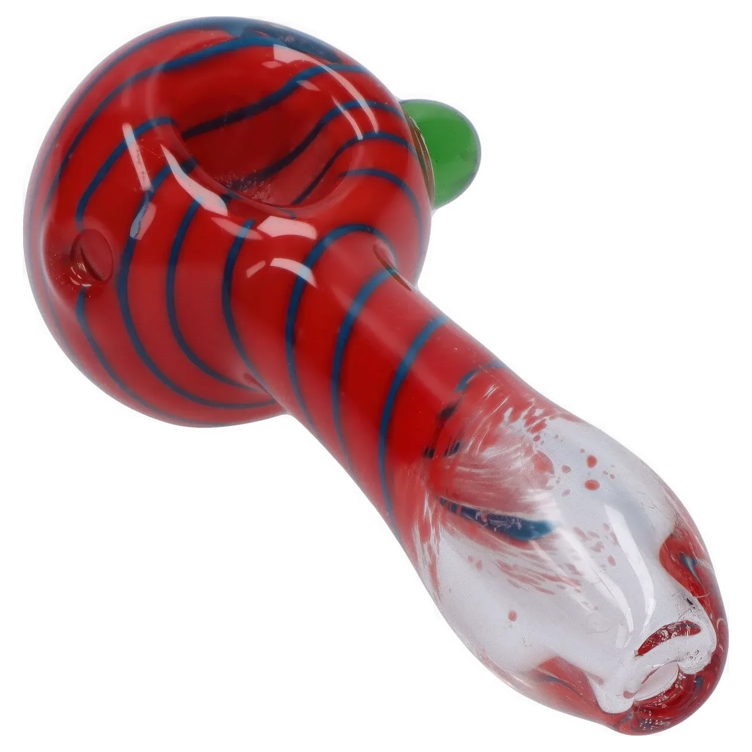 Angled close-up of the red, blue-striped DHC 3-inch Glass with Marble Hand Pipe showing the rounded bowl, green marble accent, and tapered clear mouthpiece