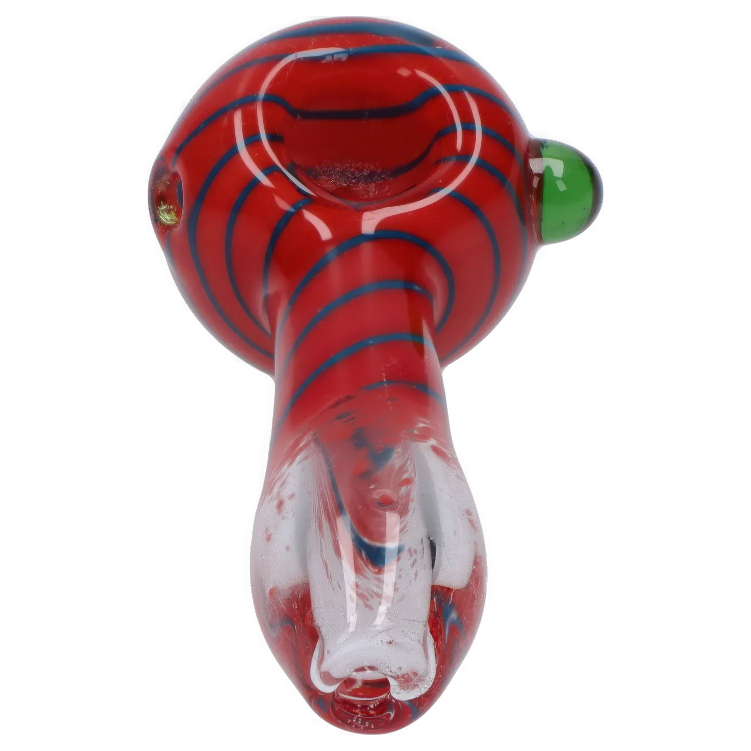 Top-down close-up of the DHC 3-inch Glass with Marble Hand Pipe showing its red bowl with blue swirls and a green marble accent.