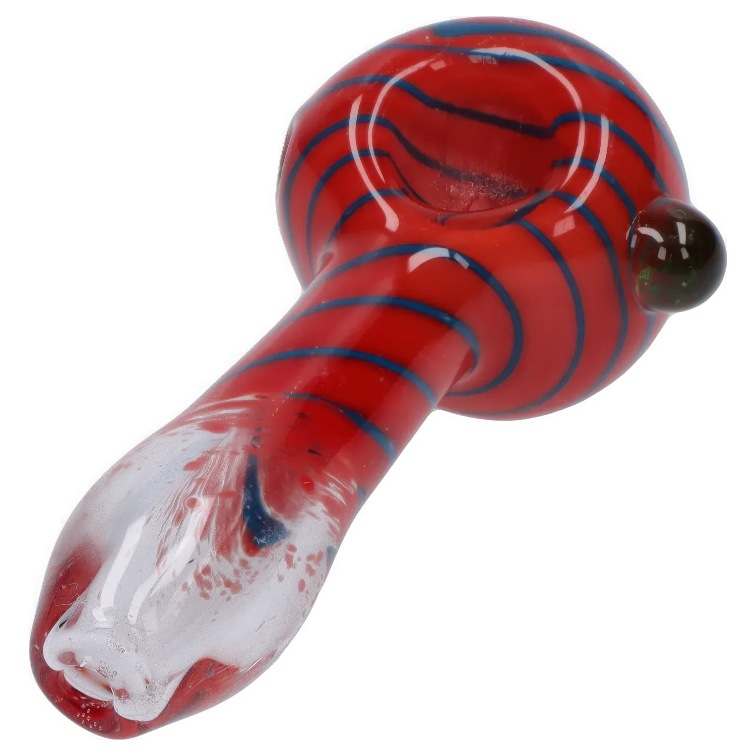 Angled close-up of the DHC 3-inch Glass with Marble Hand Pipe showing a red bowl and stem with thin blue swirls and a clear, mottled mouthpiece.
