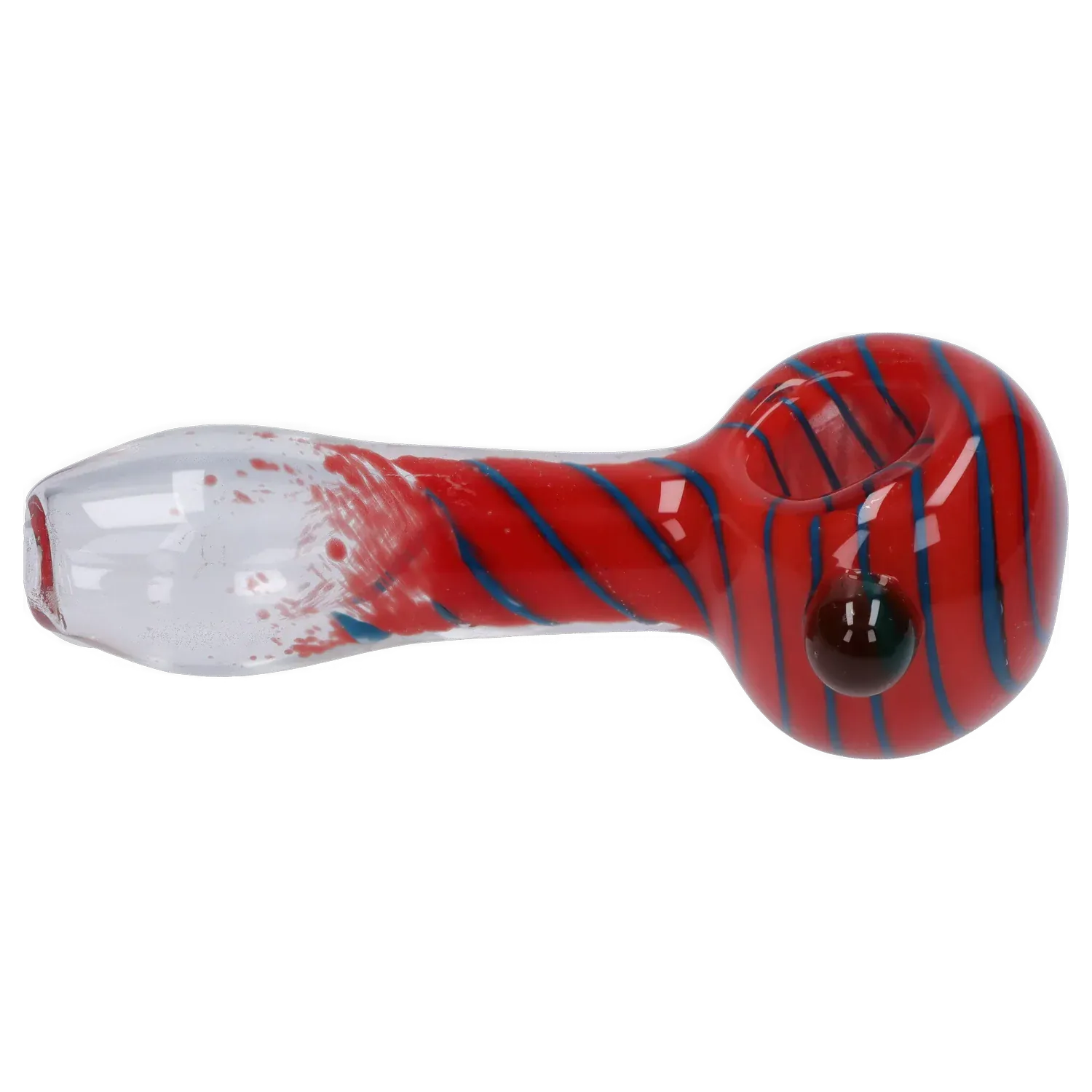 Side-on view of the DHC 3-inch Glass with Marble Hand Pipe showing a red bowl with blue spiral stripes and a clear mouthpiece.