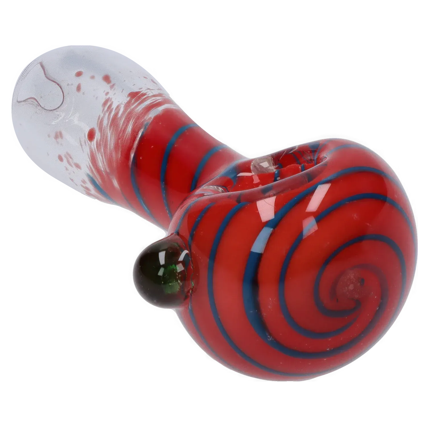 Angled close-up of the DHC 3-inch Glass with Marble Hand Pipe showing its red bowl with blue spiral stripes and clear speckled neck.