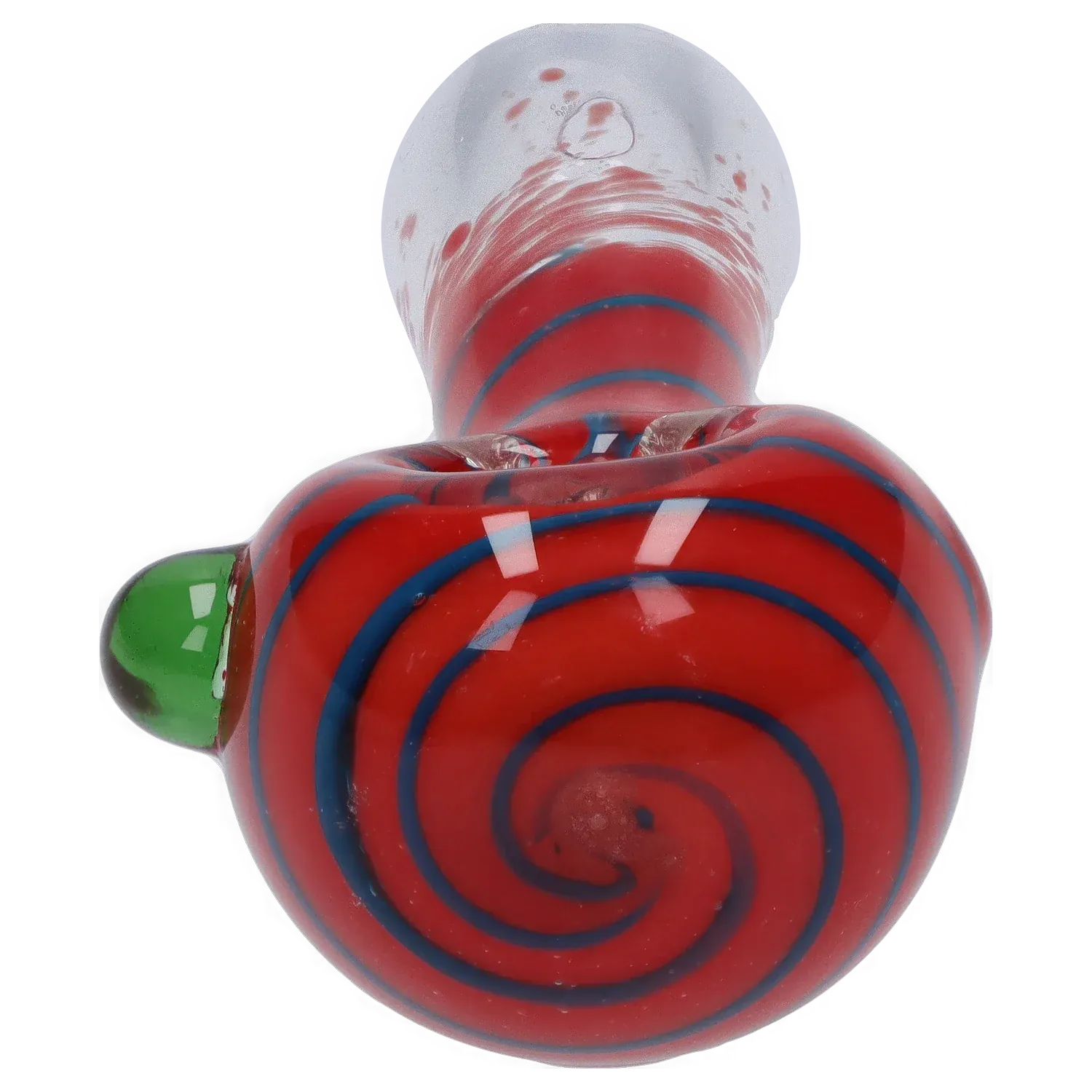 Top-down close-up of the DHC 3-inch Glass with Marble Hand Pipe showing a red bowl with blue spiral stripes and a small green knob.