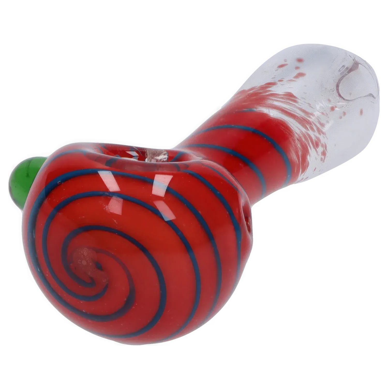 Close-up angle of the DHC 3-inch Glass with Marble Hand Pipe showing its red swirled bowl with blue spiral lines and a green marble accent.