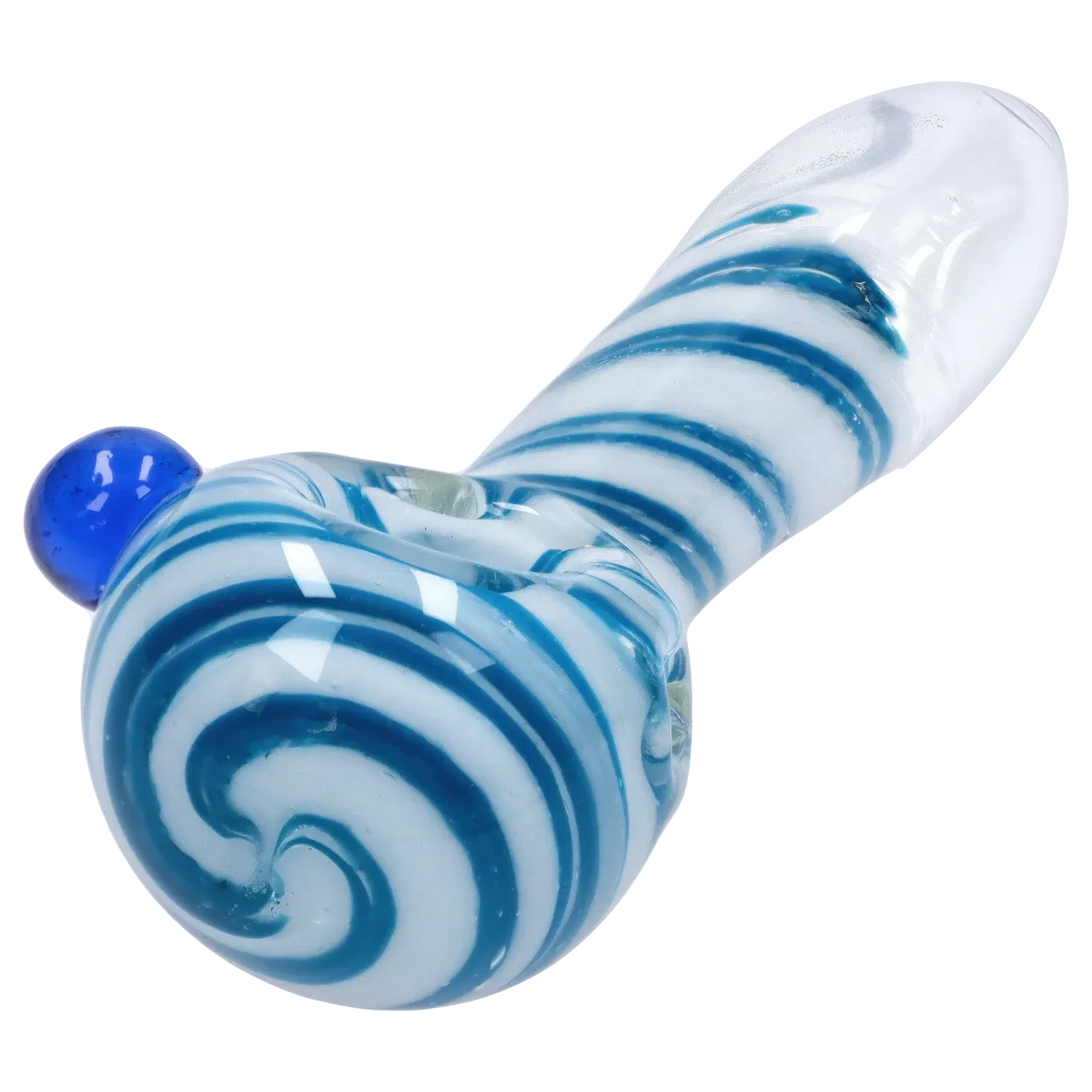 Close-up angled view of the DHC 3-inch Glass with Marble Hand Pipe showing white glass with blue spiral stripes and a small blue marble accent.