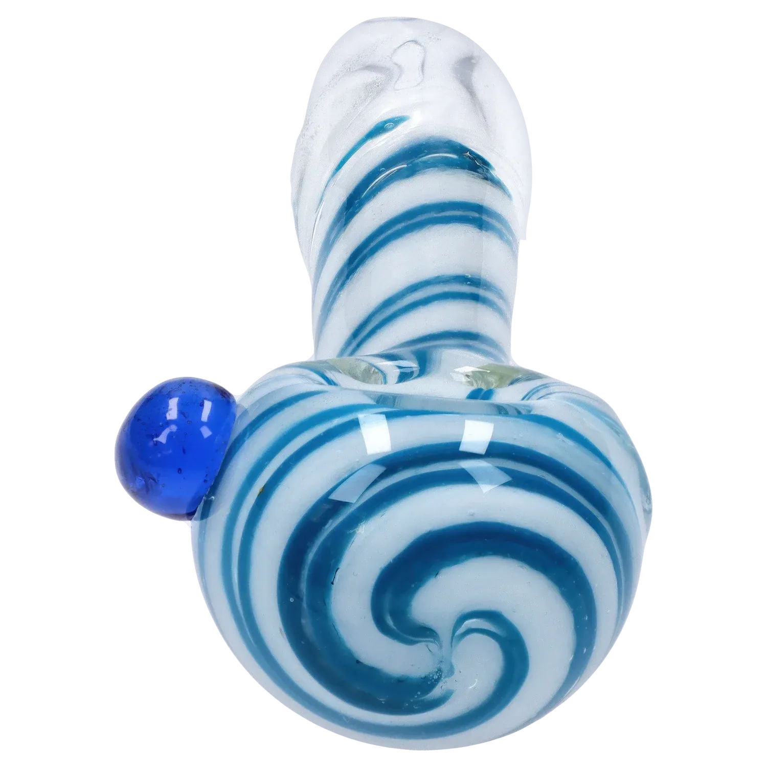 Close-up front view of the DHC 3-inch Glass with Marble Hand Pipe showing blue spiral stripes and a small blue marble on a white background