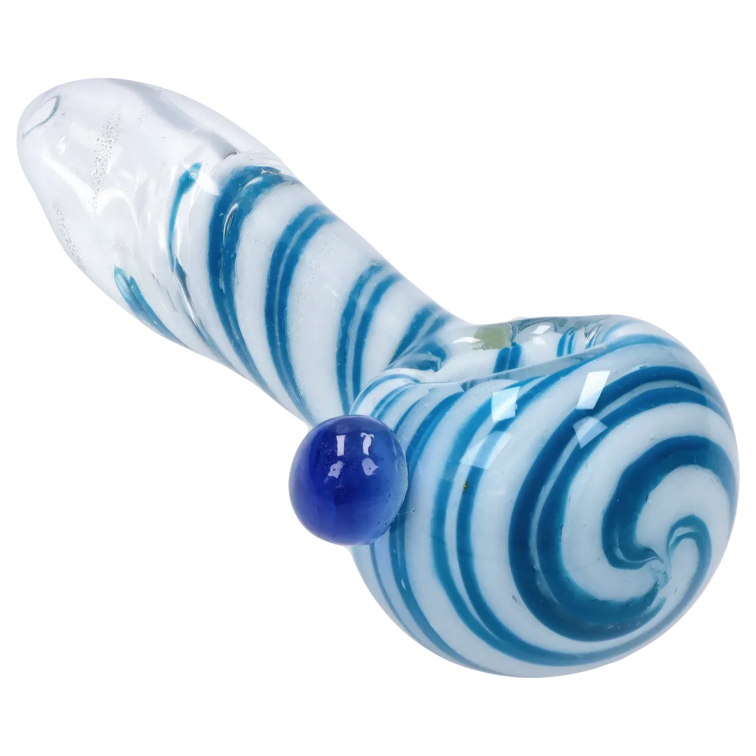 Angled close-up of the DHC 3-inch Glass with Marble Hand Pipe showing blue-and-white spiral swirls and a glossy blue marble on a white background