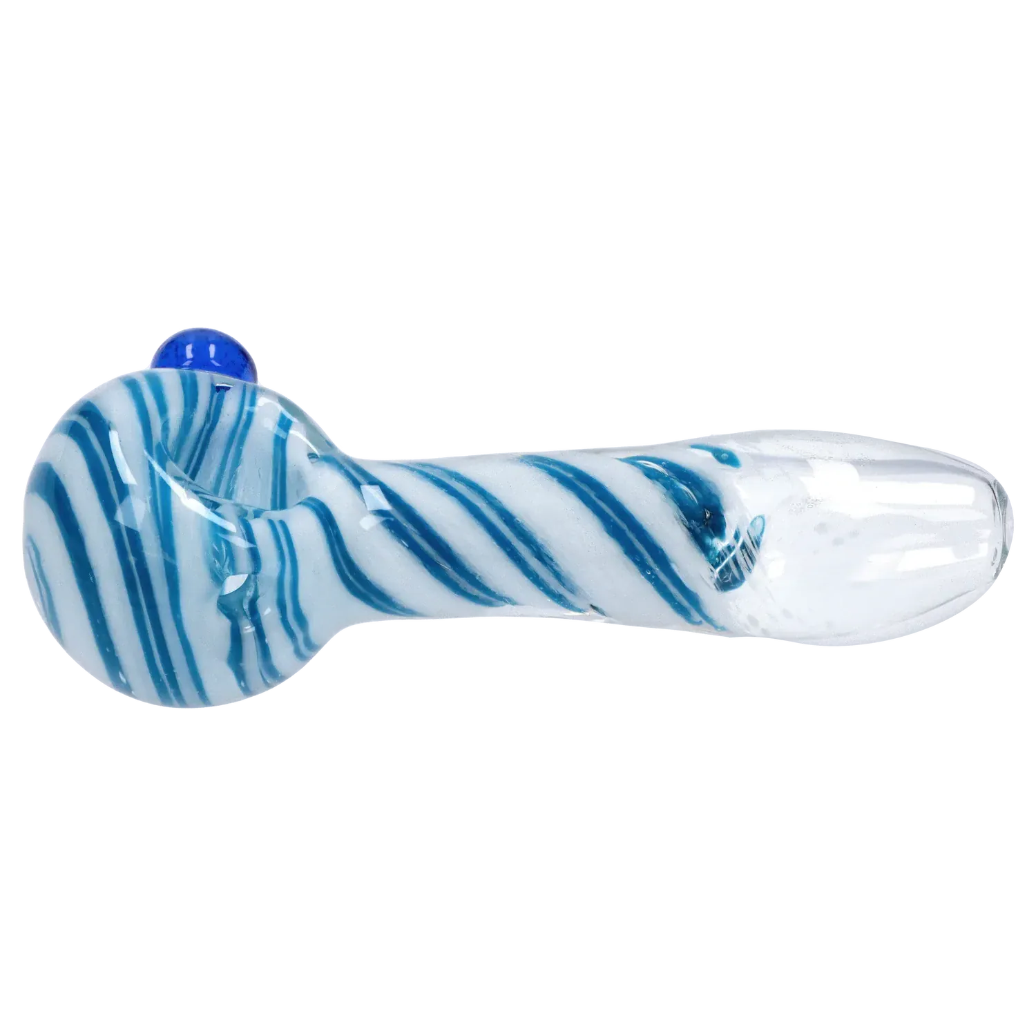 Side profile of the DHC 3-inch Glass with Marble Hand Pipe showing white glass with spiraled blue stripes and a small blue marble on the bowl.