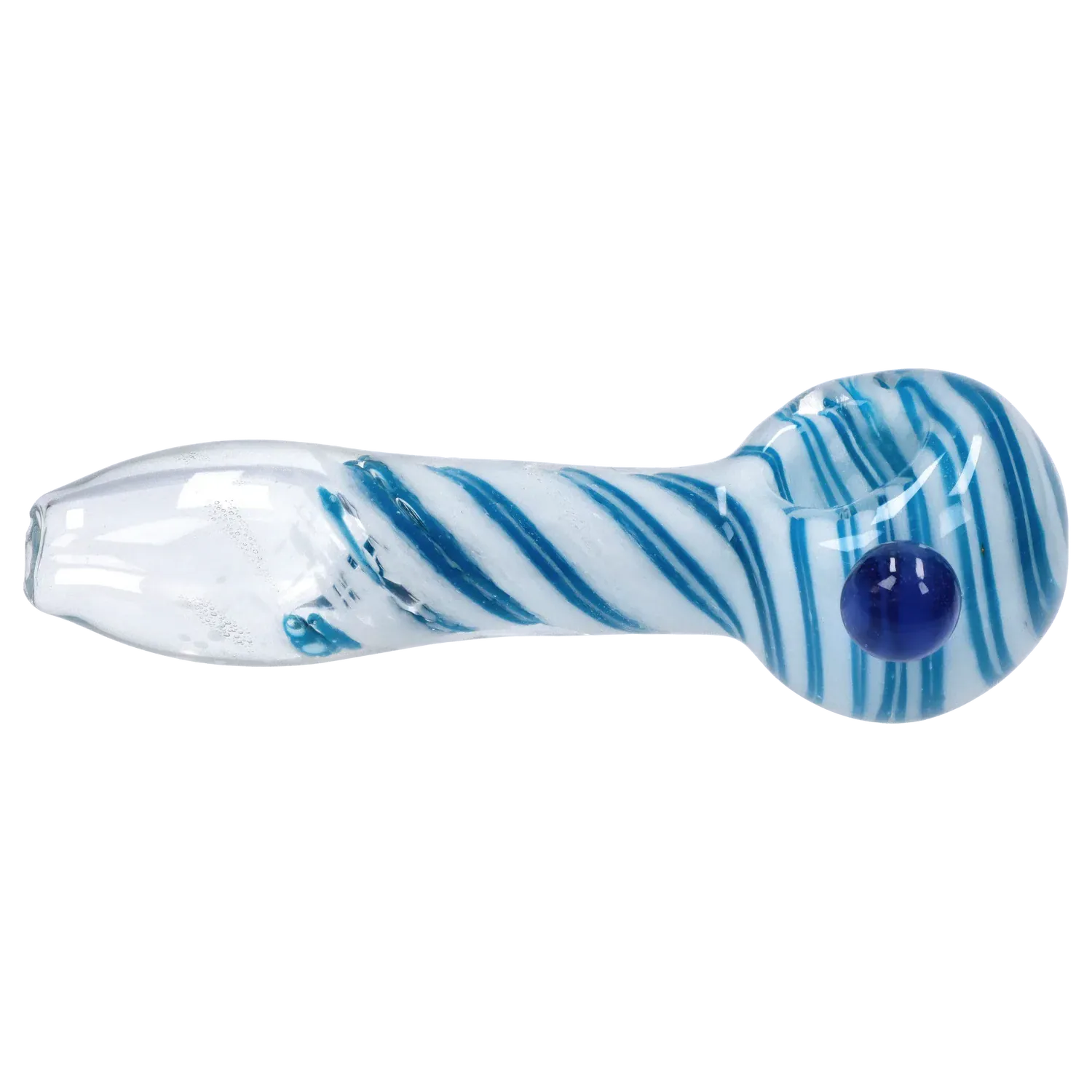 Side view of the DHC 3-inch Glass with Marble Hand Pipe showing white glass with blue swirl stripes and a single blue marble on the bowl.