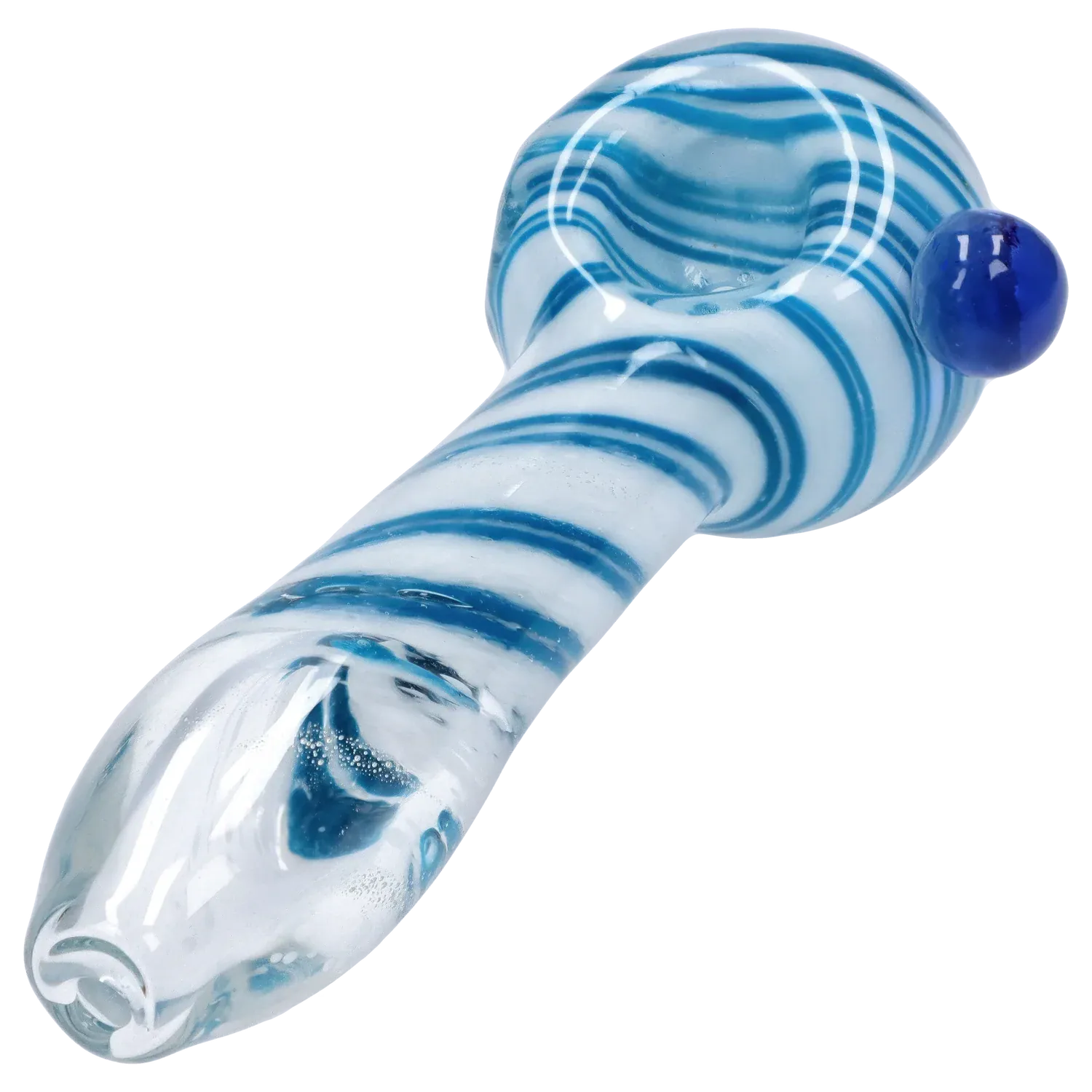 Angled close-up of the DHC 3-inch Glass with Marble Hand Pipe showing white glass with blue swirls and a glossy blue marble.