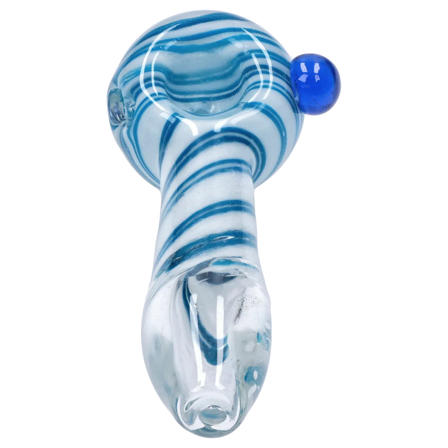 Top-down close-up of the DHC 3-inch Glass with Marble Hand Pipe showing blue swirl bands and a small cobalt marble on a white background