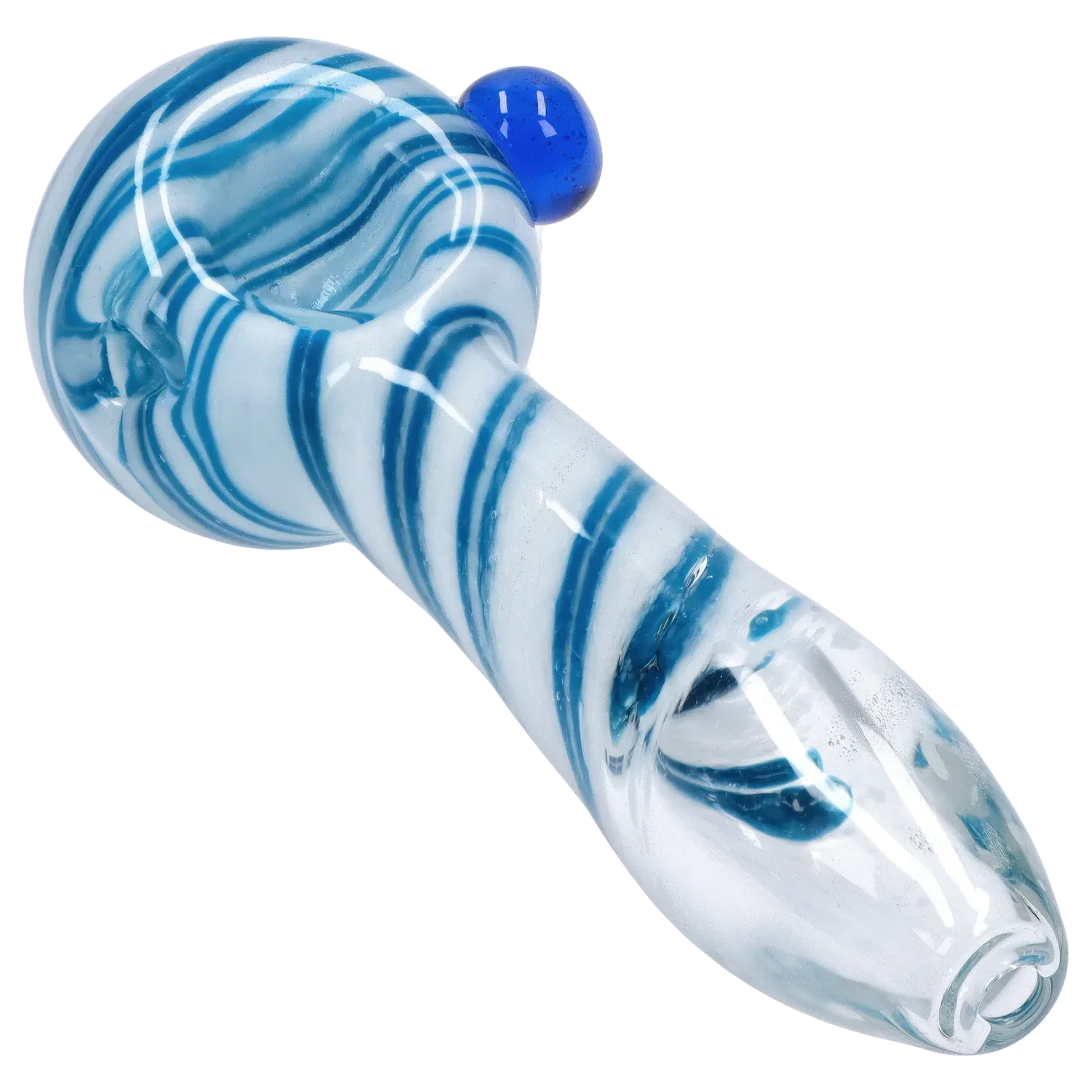 Angled close-up of the DHC 3-inch Glass with Marble Hand Pipe showing white glass with swirling blue stripes and a small blue marble knob.