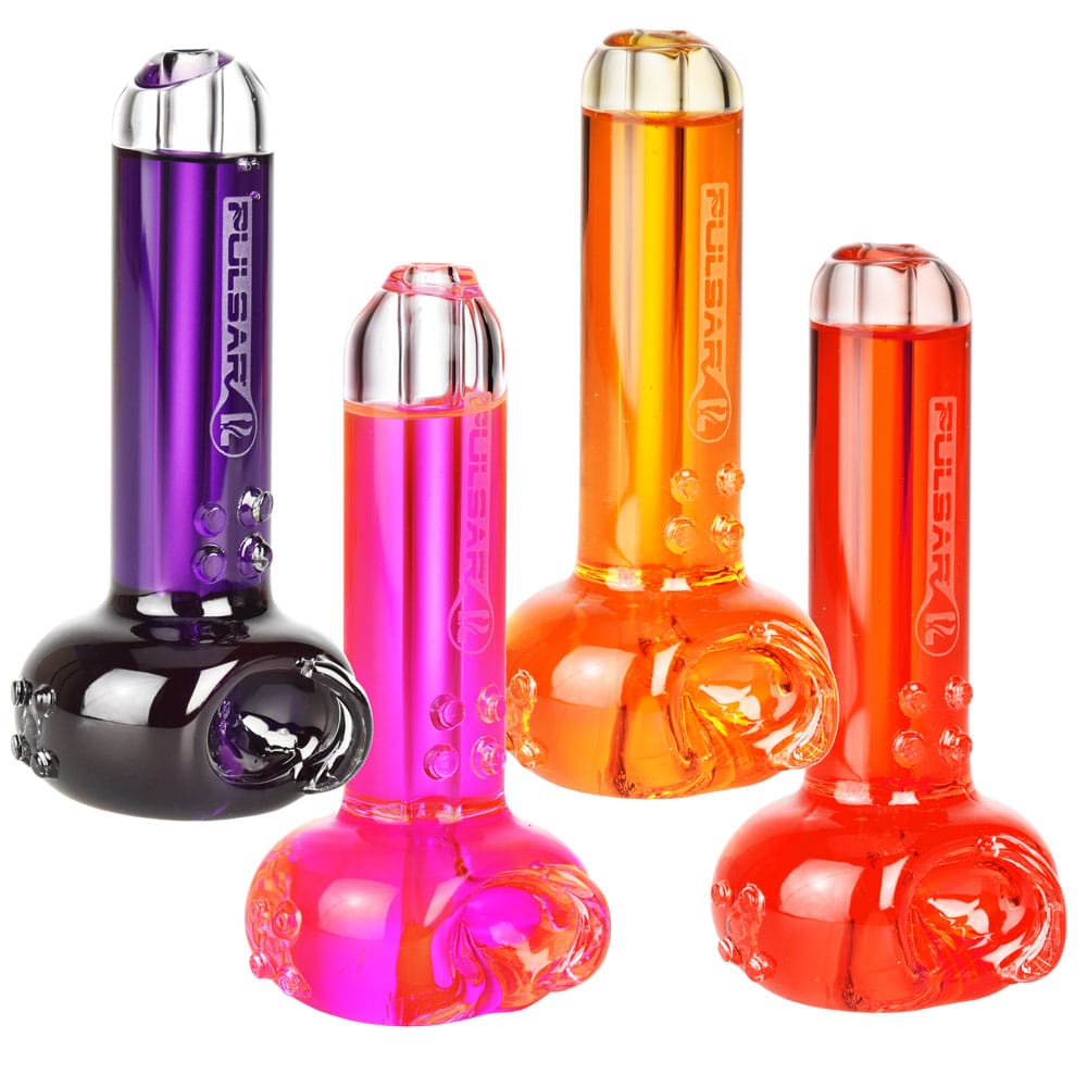 Three-quarter front view of four colorful 4" Pulsar Glycerin Series Freezable Spoon Bowl Hand Pipe - 4"/Colors Vary standing on a white background.