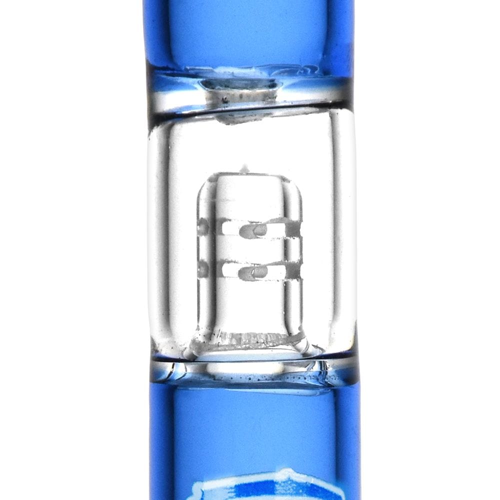 Close-up vertical view of the Grateful Dead X Pulsar Glass Chillum | Built-In Ash Catcher | 4" showing the clear internal ash catcher chamber and vivid blue glass ends.