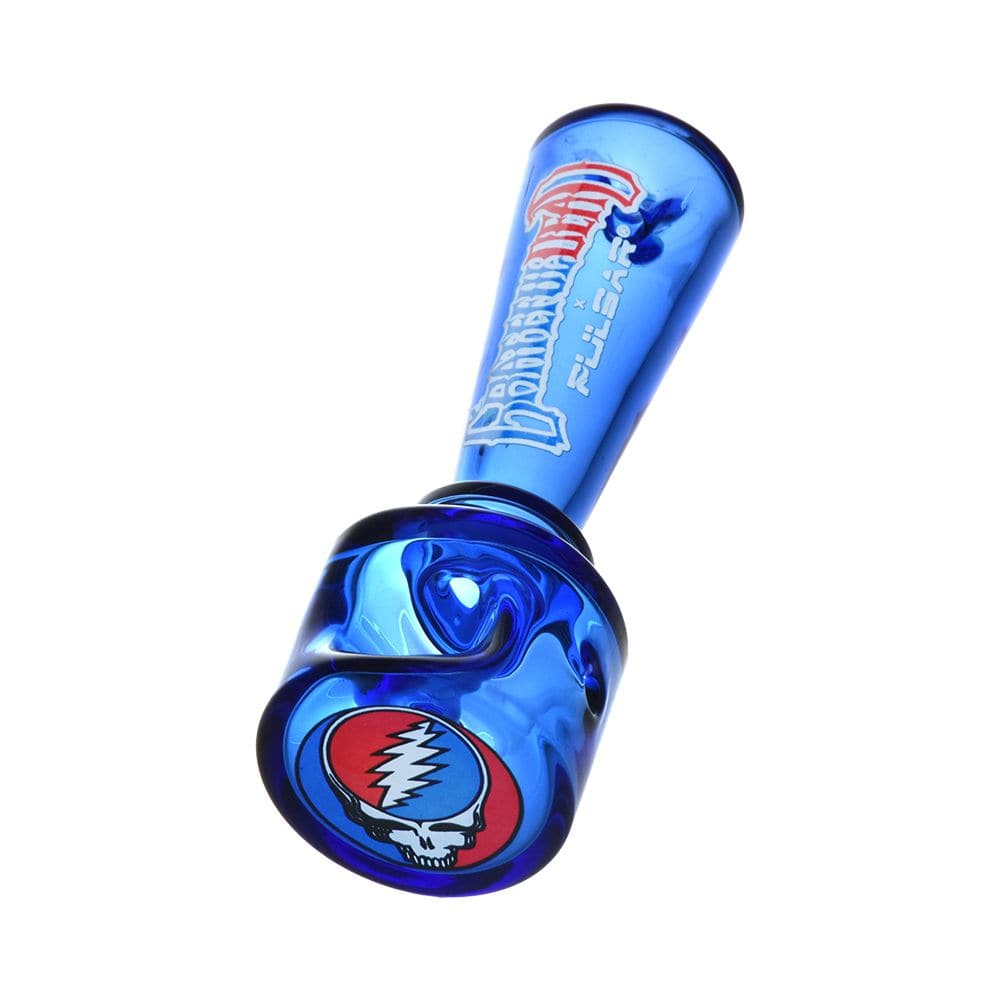 Angled close-up of the blue Grateful Dead X Pulsar Geometric Glass Spoon Pipe | 4.25" showing its flared mouth, swirled chamber and Grateful Dead skull logo on the base