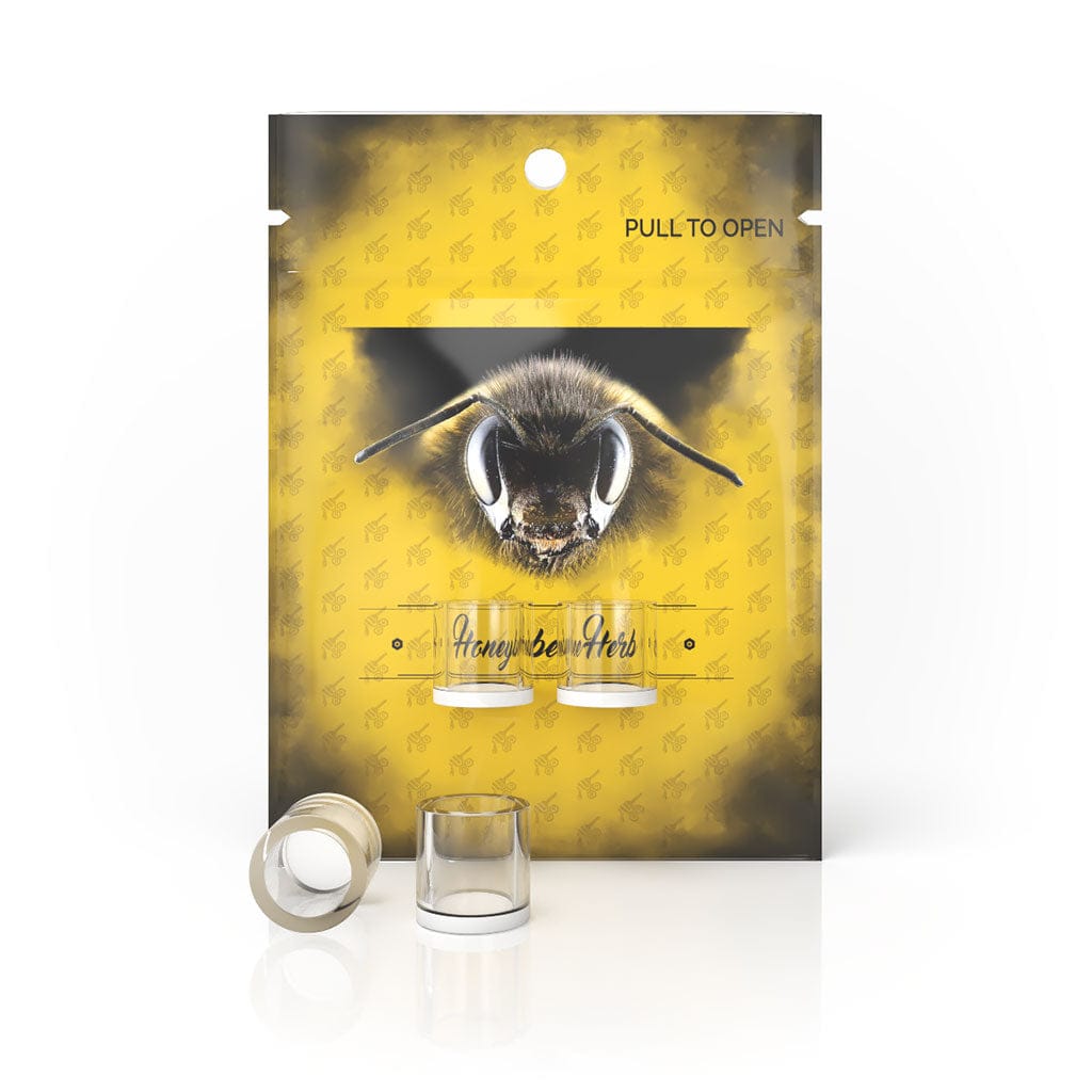 Front view of the Honey & Milk Cups packaging with a close-up bee graphic on yellow background and two small clear cups displayed.