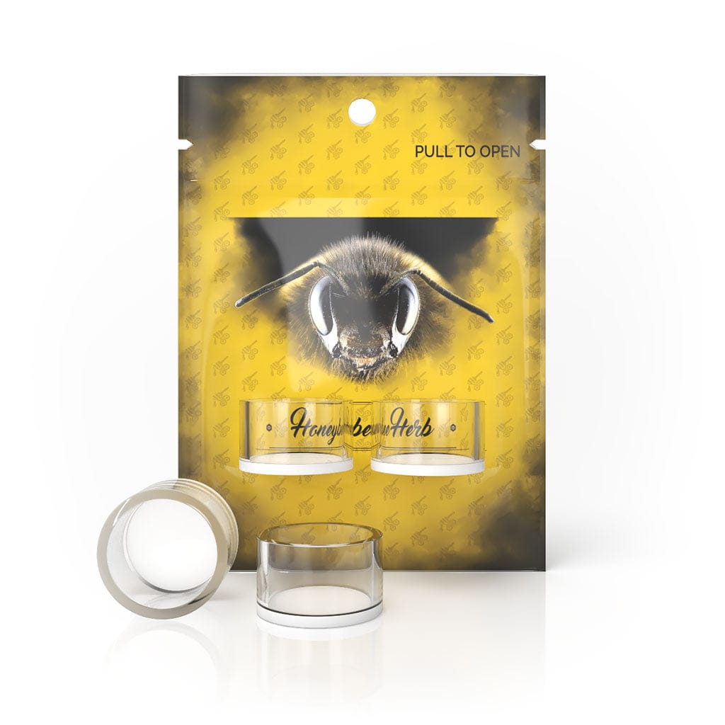 Front-facing shot of the Honey & Milk Cups packaging with a close bee face on yellow backing and two clear cups displayed below.
