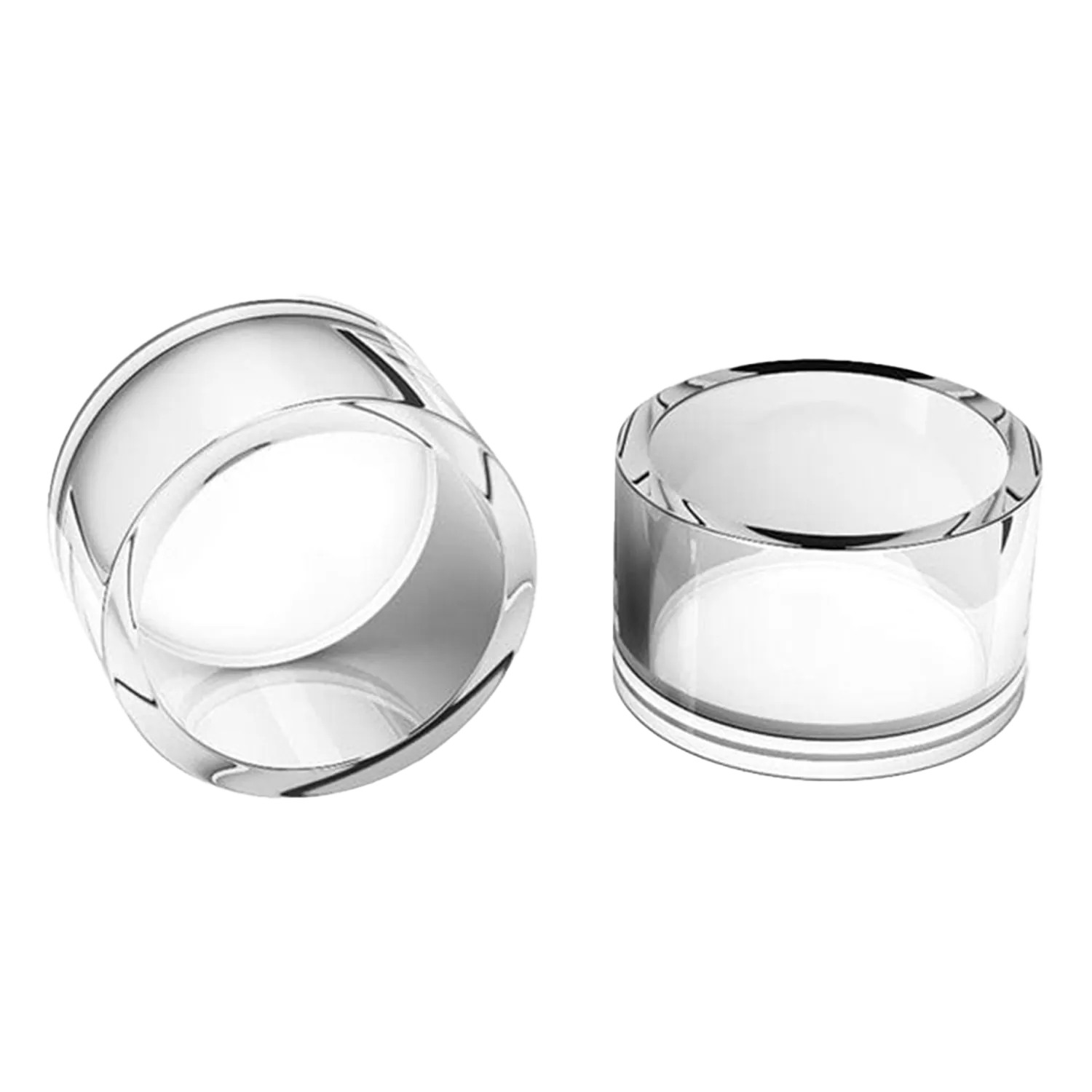 Two clear cylindrical Honey & Milk Cups shown on a white background, one upright and one tipped on its side reflecting light.
