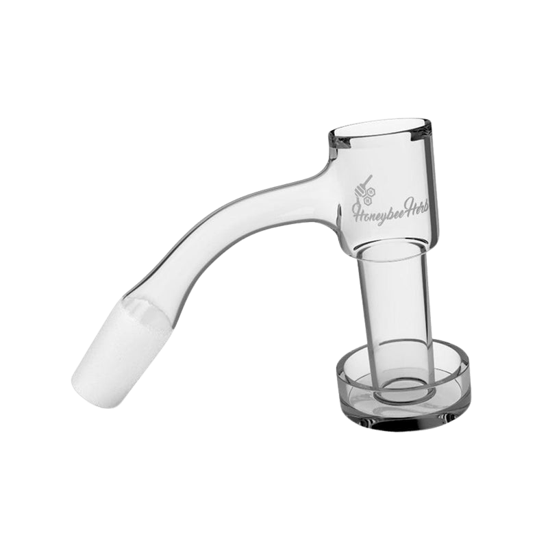 Angled studio shot of the Honeysuckle Bevel Quartz Banger - 45Â° Degree | Bl showing the clear 45° elbow, frosted 10mm male joint and rounded flat-top bucket.
