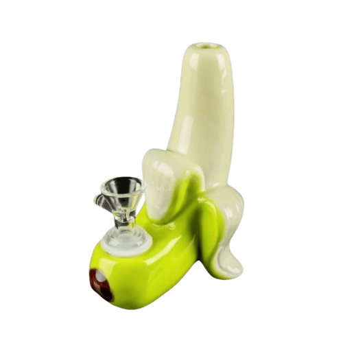 Angled three-quarter view of the Going Bananas Bubbler shaped like a peeled yellow banana with a white stem and glass bowl.