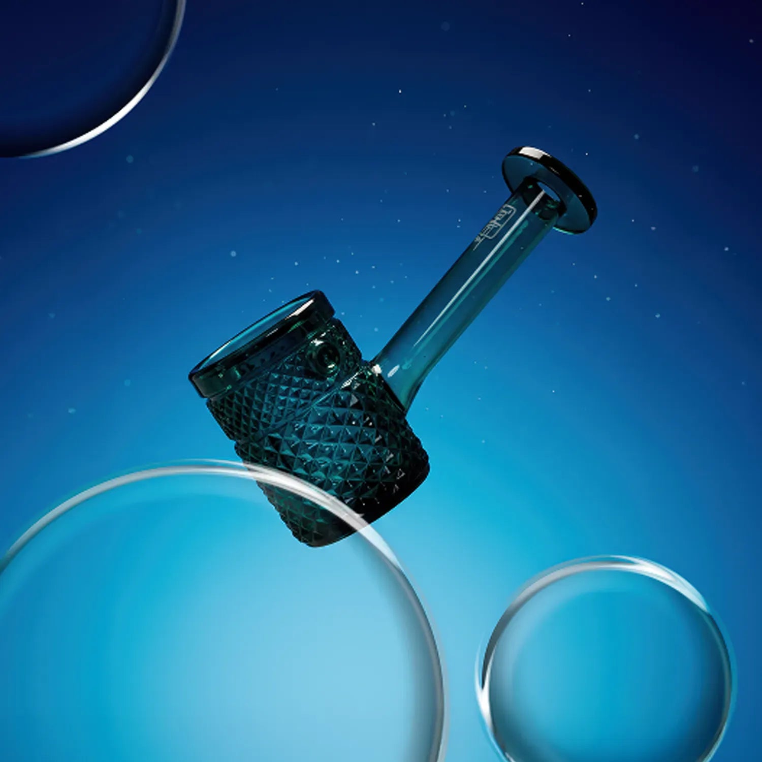 Angled close-up of the amber Jane West Twenties Collection Hand Pipe floating against a deep blue background with circular bubble highlights.