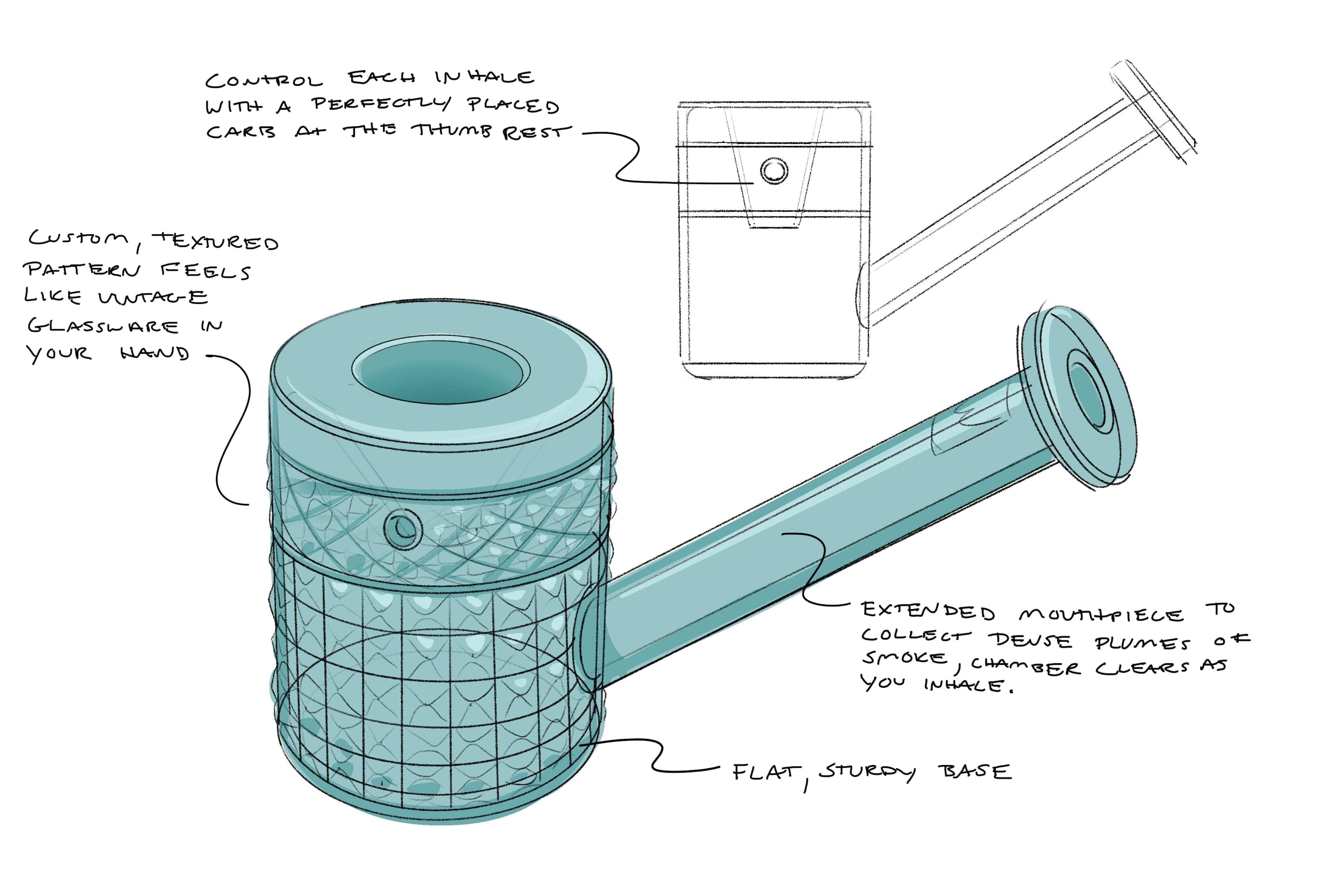 Angled close-up of the Twenties Collection Hand Pipe | Mermaid showing a teal textured chamber and extended mouthpiece with sketch annotations.