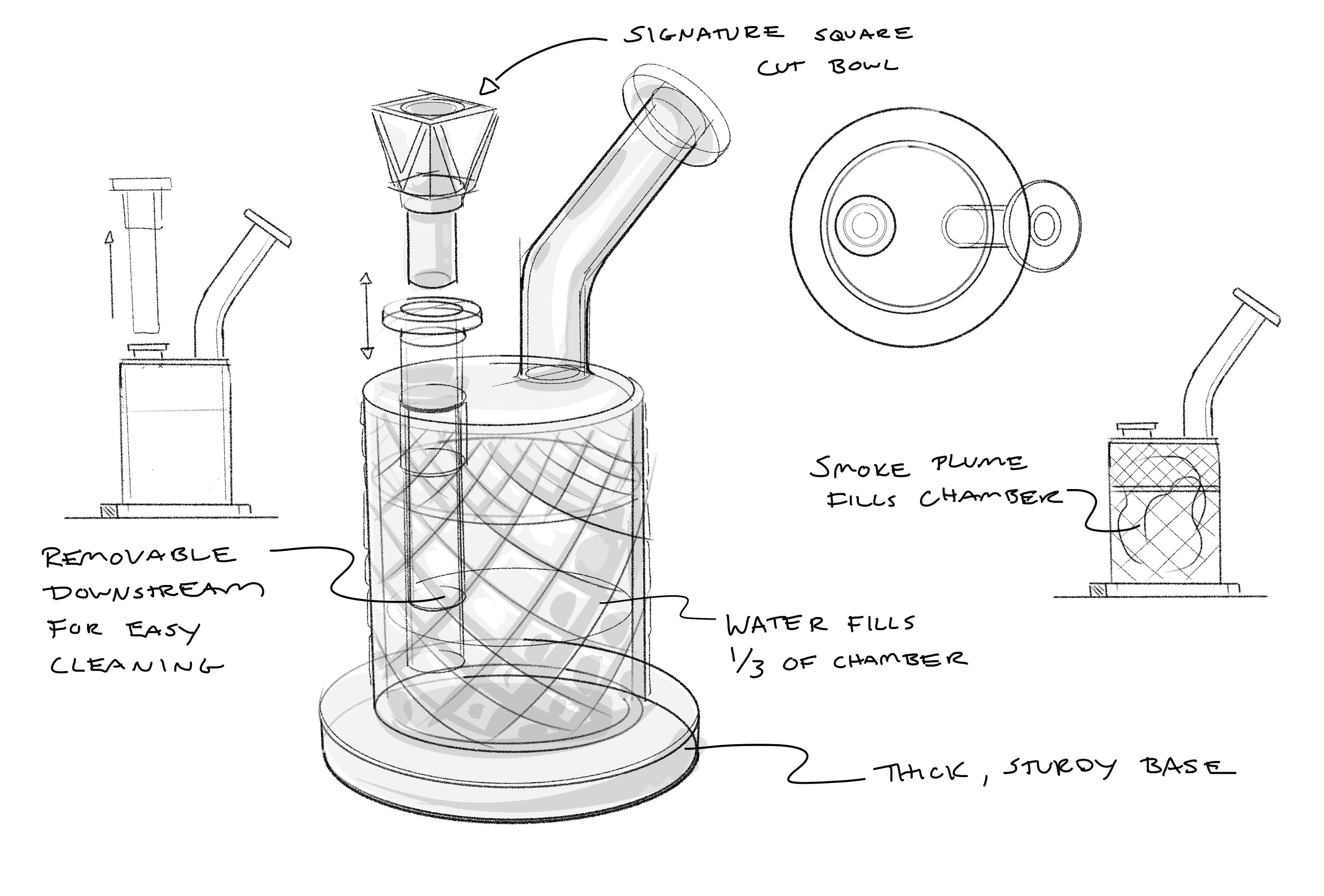Angled sketch view of the Twenties Collection Bong | Cobalt showing a patterned cylindrical chamber, slanted neck and labeled exploded bowl.
