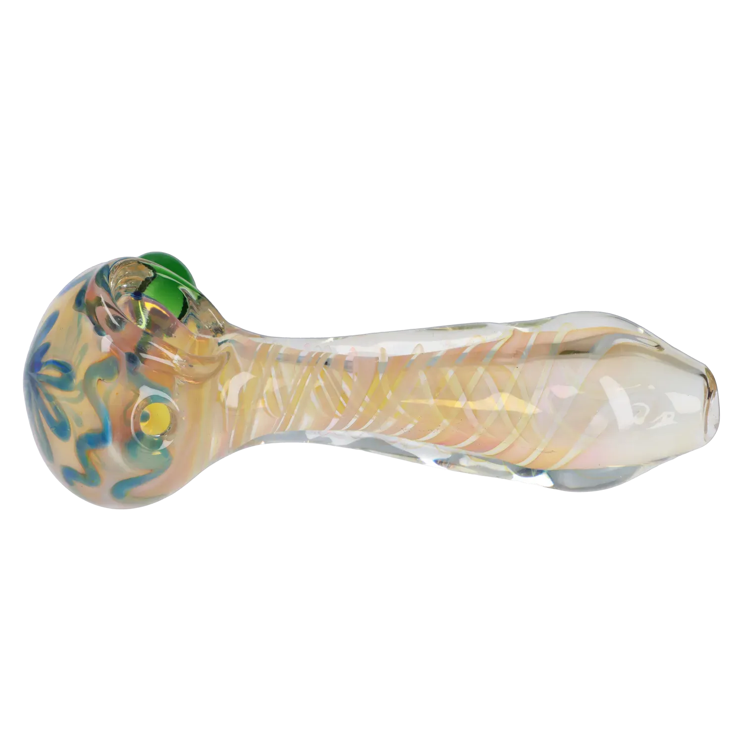 Side view of the DHC Gold Fume Twisty Spoon Pipe - 5 in., a glass hand pipe with iridescent gold fuming and green-blue swirls visible at the bowl.