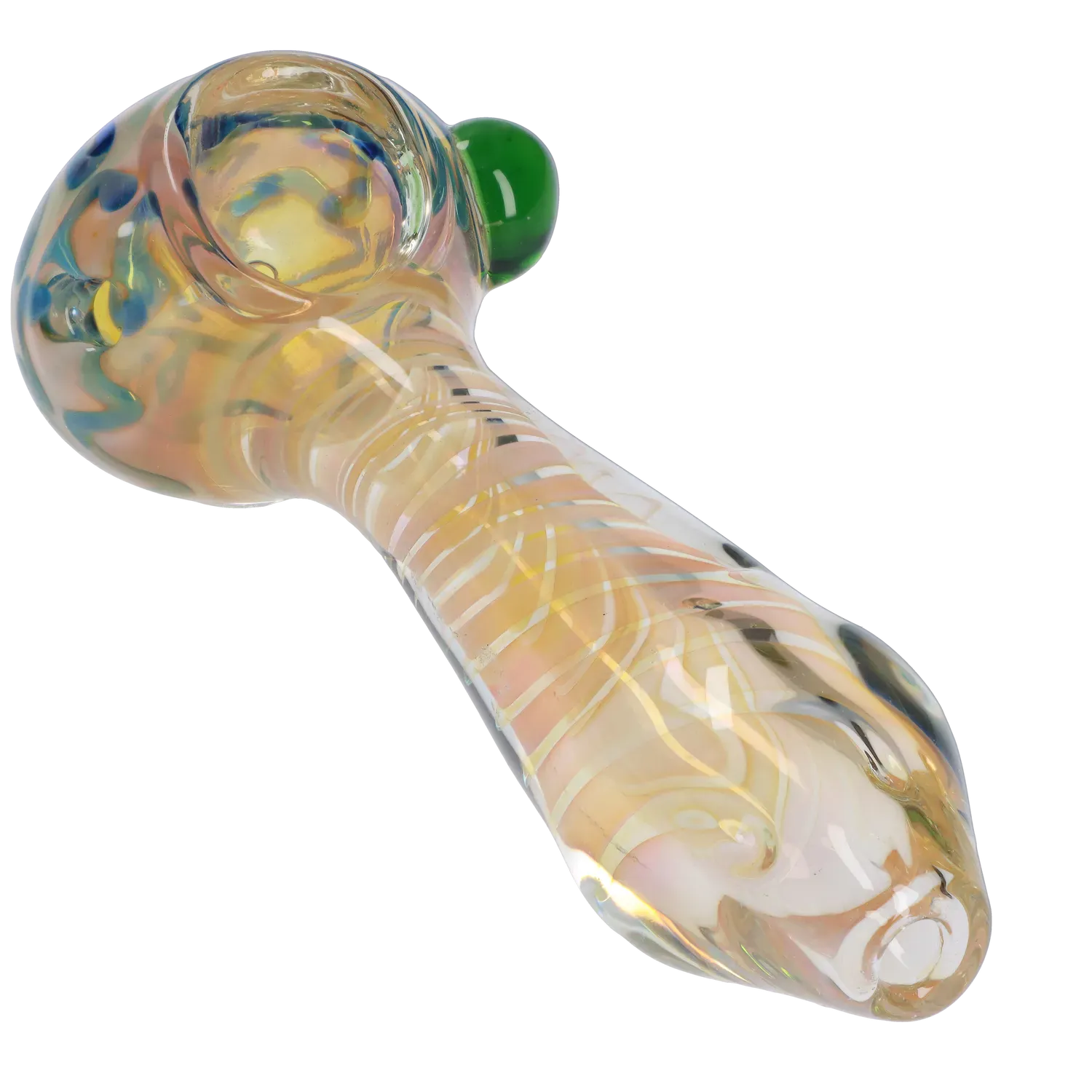 Angled close-up of the DHC Gold Twisty Spoon Pipe - 5 in. showing its iridescent glass swirl, green glass bubble, and rounded bowl.
