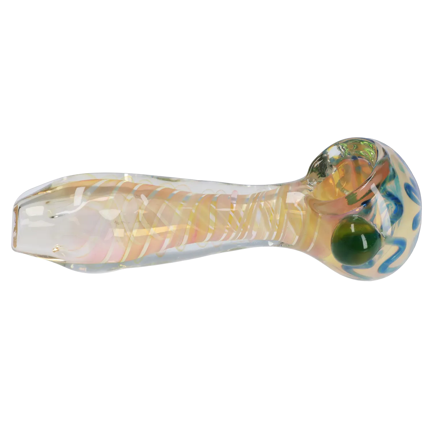 Side-on view of the DHC Gold Twisty Spoon Pipe - 5 in., showing its iridescent glass body with spiral gold accents and a green marble on the bowl.