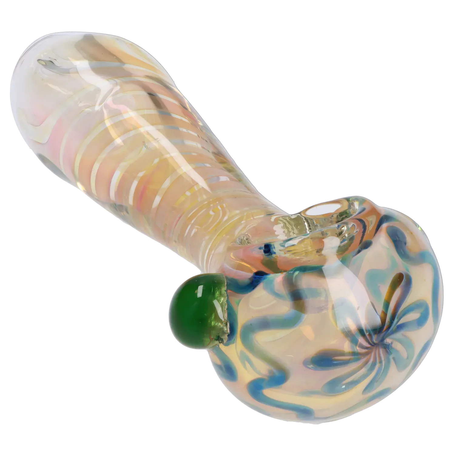 Close-up angled view of the DHC Gold Twisty Spoon Pipe - 5 in., showing its iridescent swirled glass body, green knob and rounded bowl.