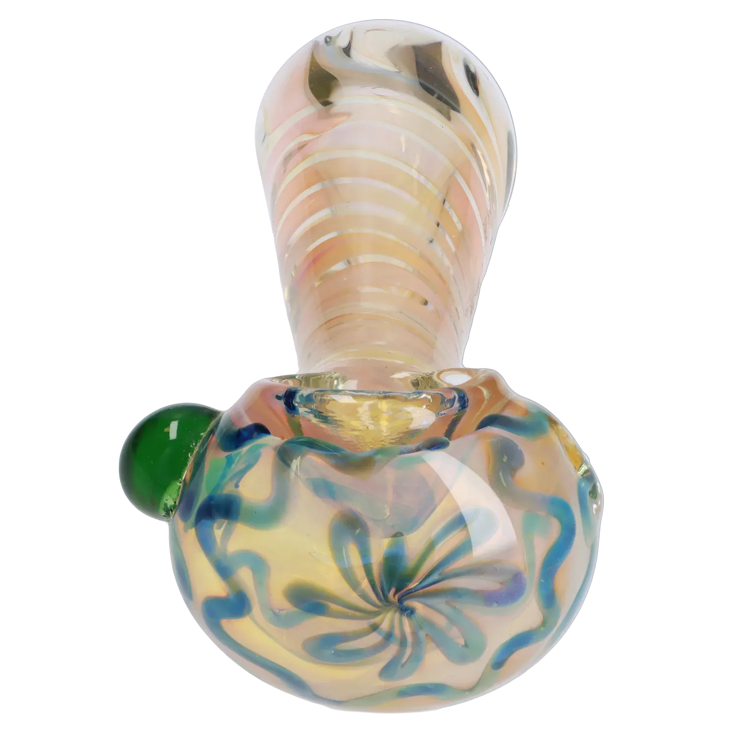 Top-down close-up of the DHC Gold Twisty Spoon Pipe - 5 in., showing its swirled pale pink and blue glass bowl and flared striped mouthpiece.