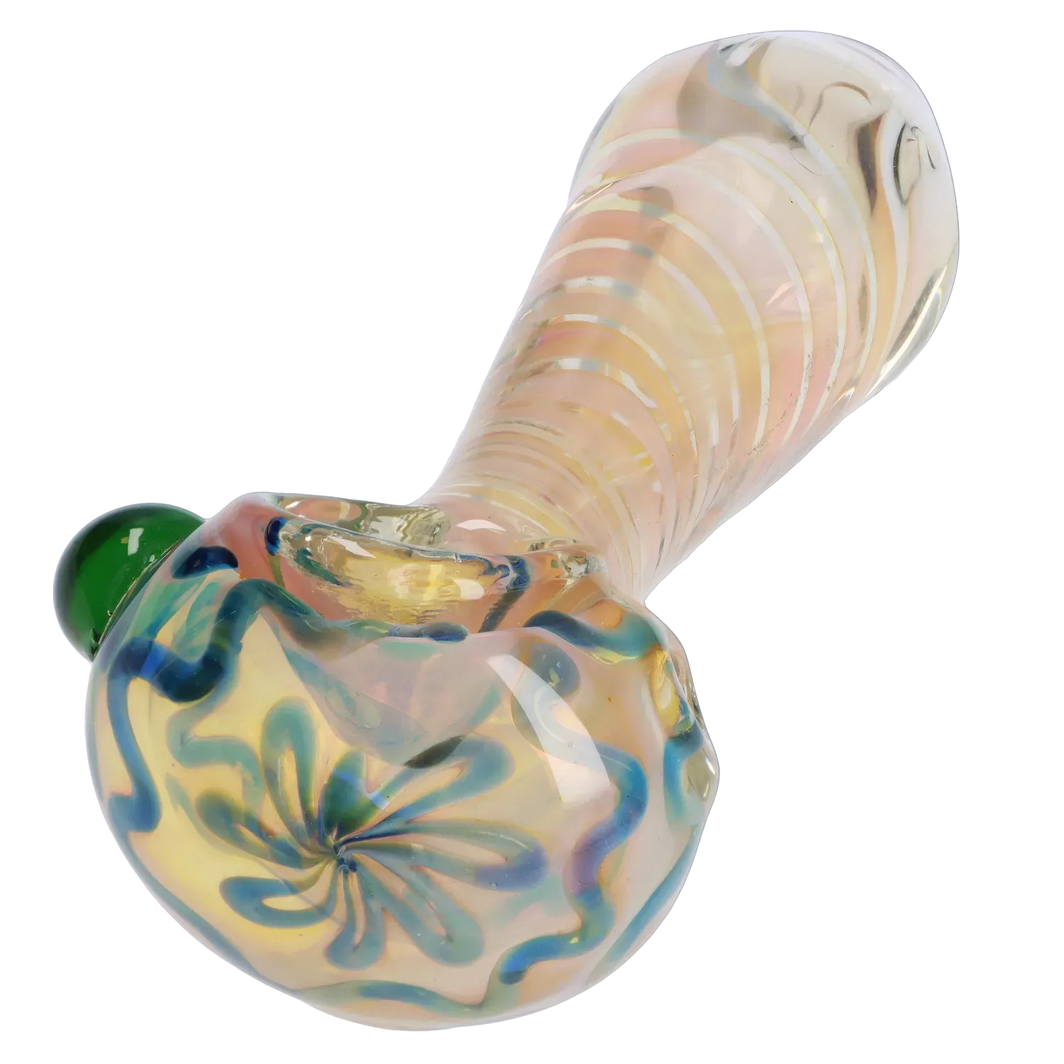 Close-up angled view of the DHC Gold Fume Twisty Spoon Pipe - 5 in., showing its iridescent gold-fumed glass with blue swirl patterns and a green accent.