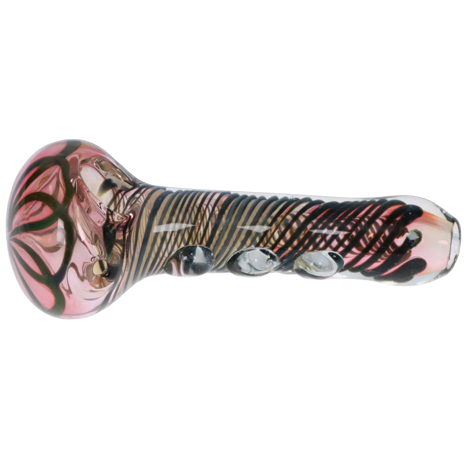 Side view of the DHC Gold Fume Spoon Pipe - 4.5 in., a green and pink glass spoon with black spiral filigree and three rounded grip nubs along its clear body.