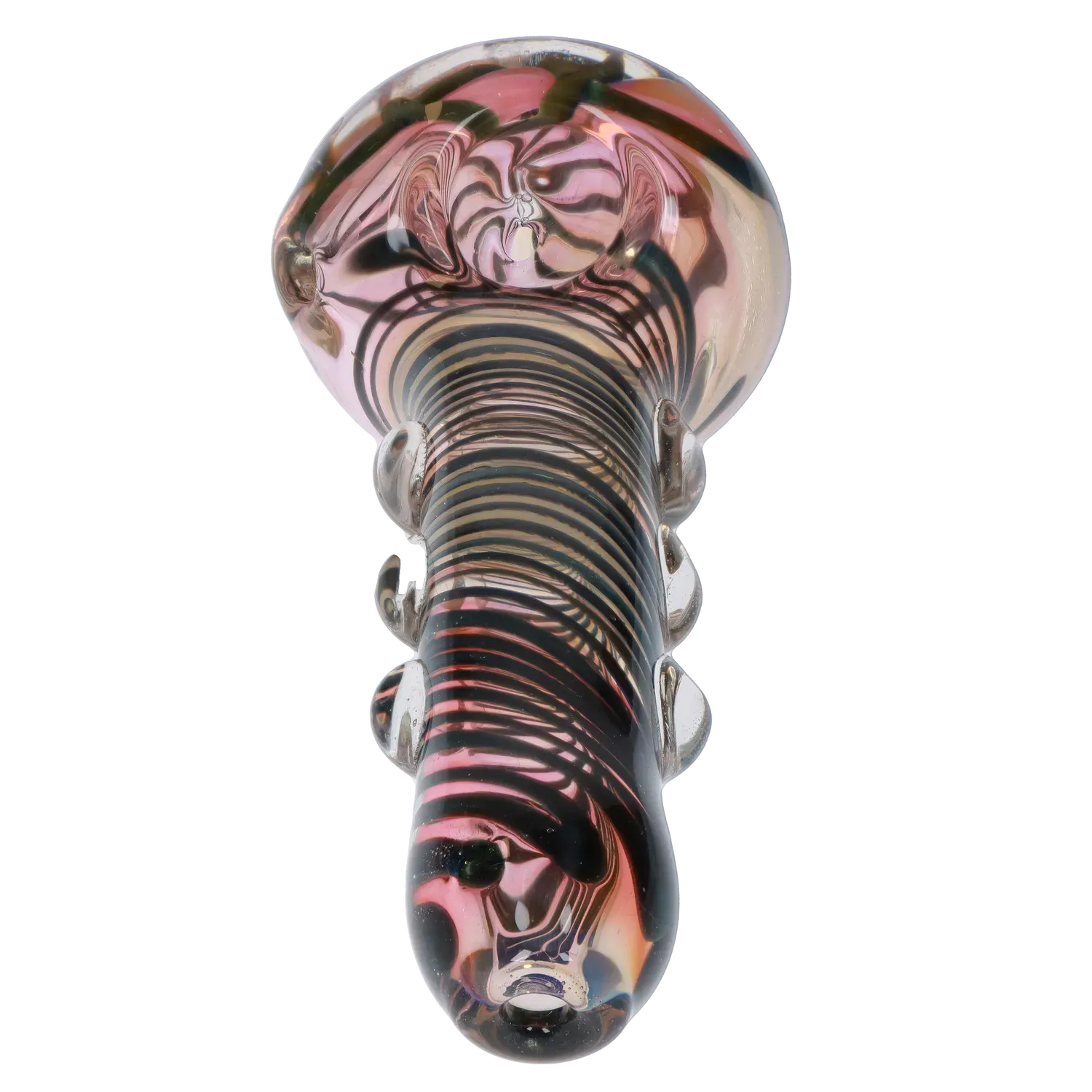Top-down close-up of the DHC Gold Fume Spoon Pipe - 4.5 in., showing pink and black swirled glass with raised clear knobs along the handle.