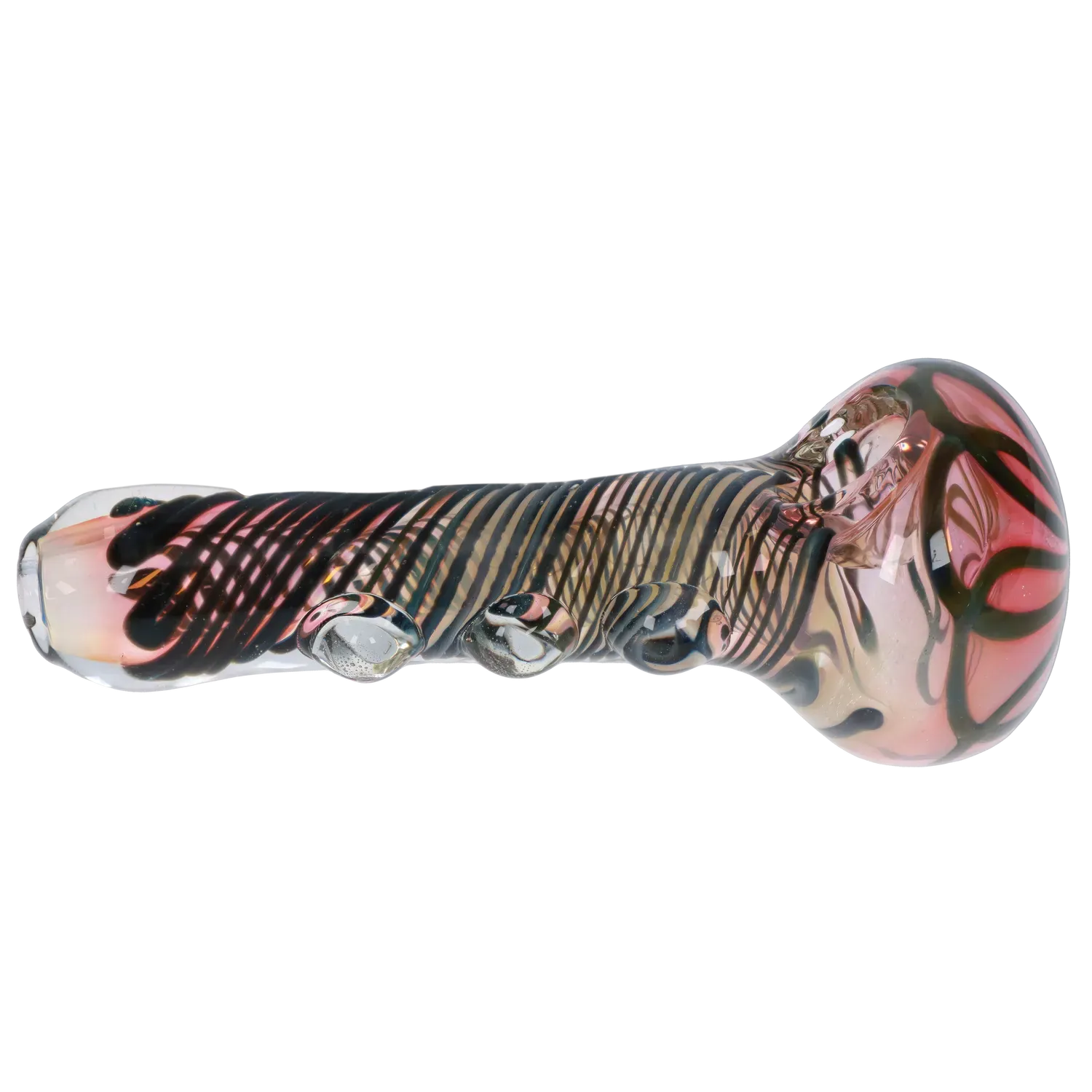 Side profile of the DHC Gold Fume Spoon Pipe - 4.5 in. showing a glass spoon pipe with black spiral striping, pink-gold fumed sheen, and three raised glass knobs.