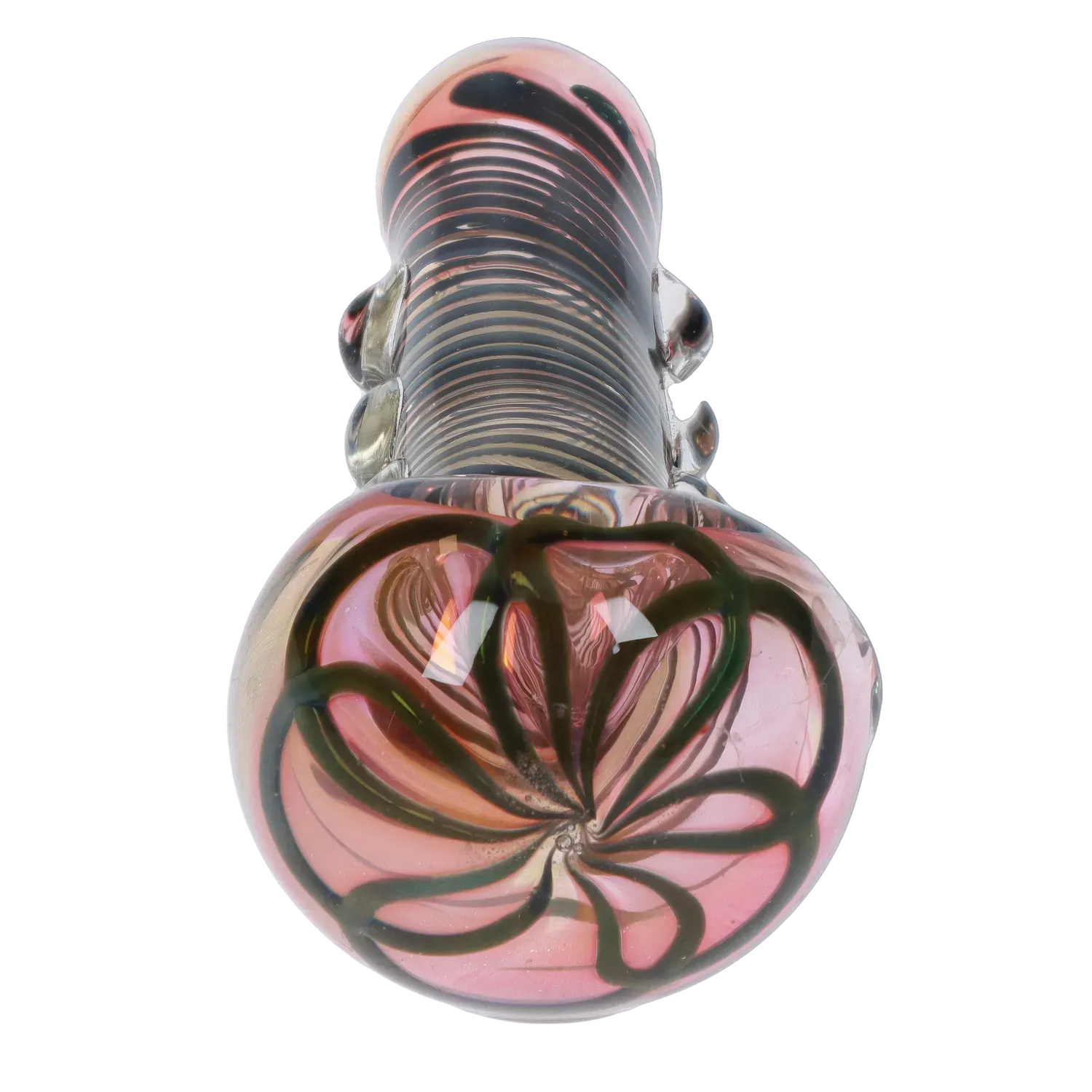 Top-down close-up of the DHC Gold Fume Spoon Pipe - 4.5 in. showing a pink glass bowl with dark swirling floral ribbons and a ridged stem.