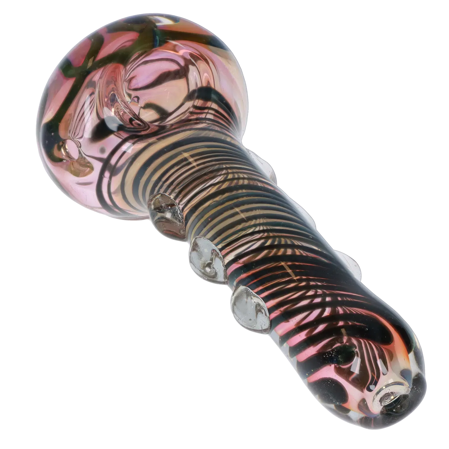 Angled close-up of the DHC Gold Fume Spoon Pipe - 4.5 in., showing its pink-gold fumed bowl and black spiral stripes along the handle with three raised glass knobs.