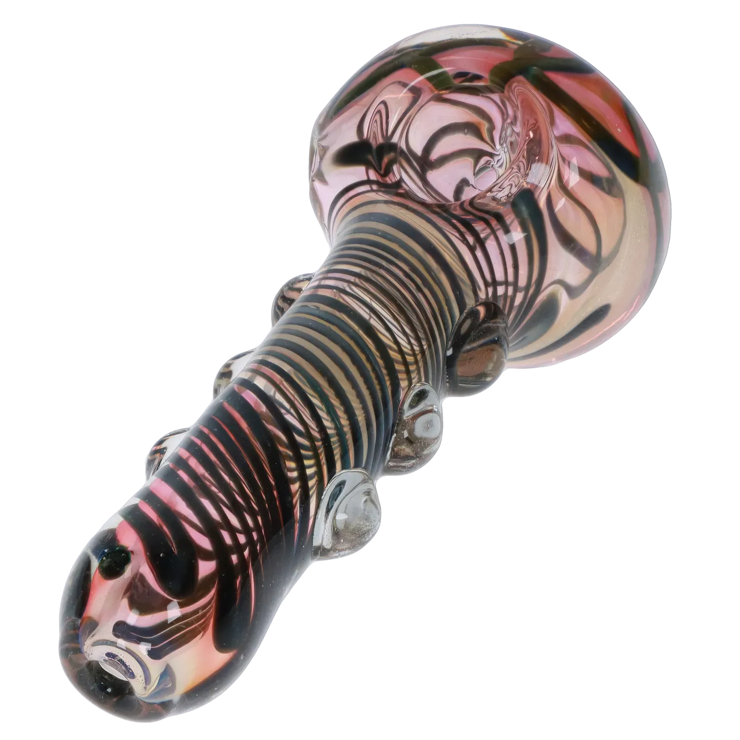 Angled close-up of the DHC Gold Fume Spoon Pipe - 4.5 in. showing a pink-tinted glass bowl and striped, bubbled stem against a white background