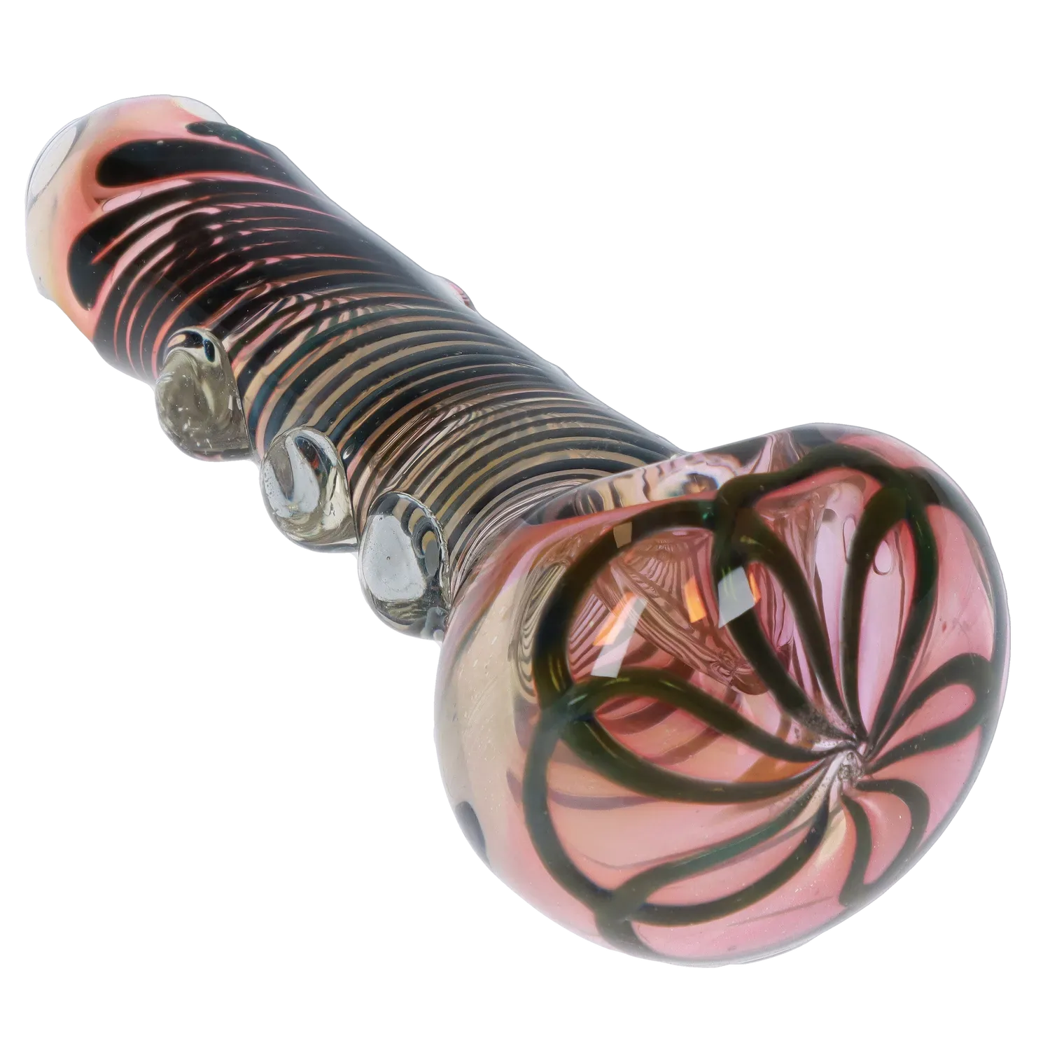 Angled close-up of the DHC Gold Fume Spoon Pipe - 4.5 in. showing a pink-tinted bowl with black swirl pattern and ribbed, fumed glass body.