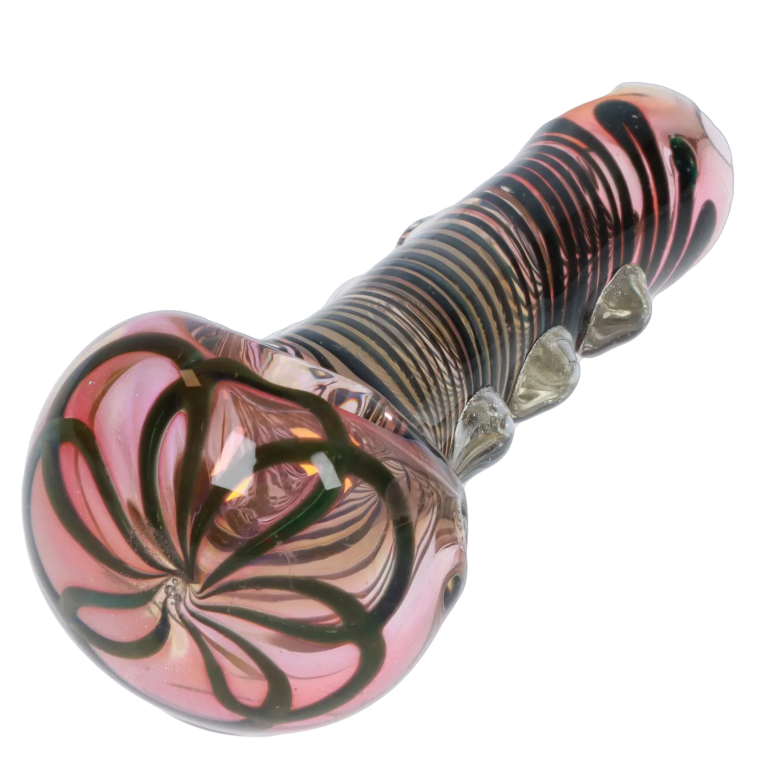 Angled close-up of the DHC Gold Fume Spoon Pipe - 4.5 in. showing pink glass with black spiral striping and three raised clear glass knobs.