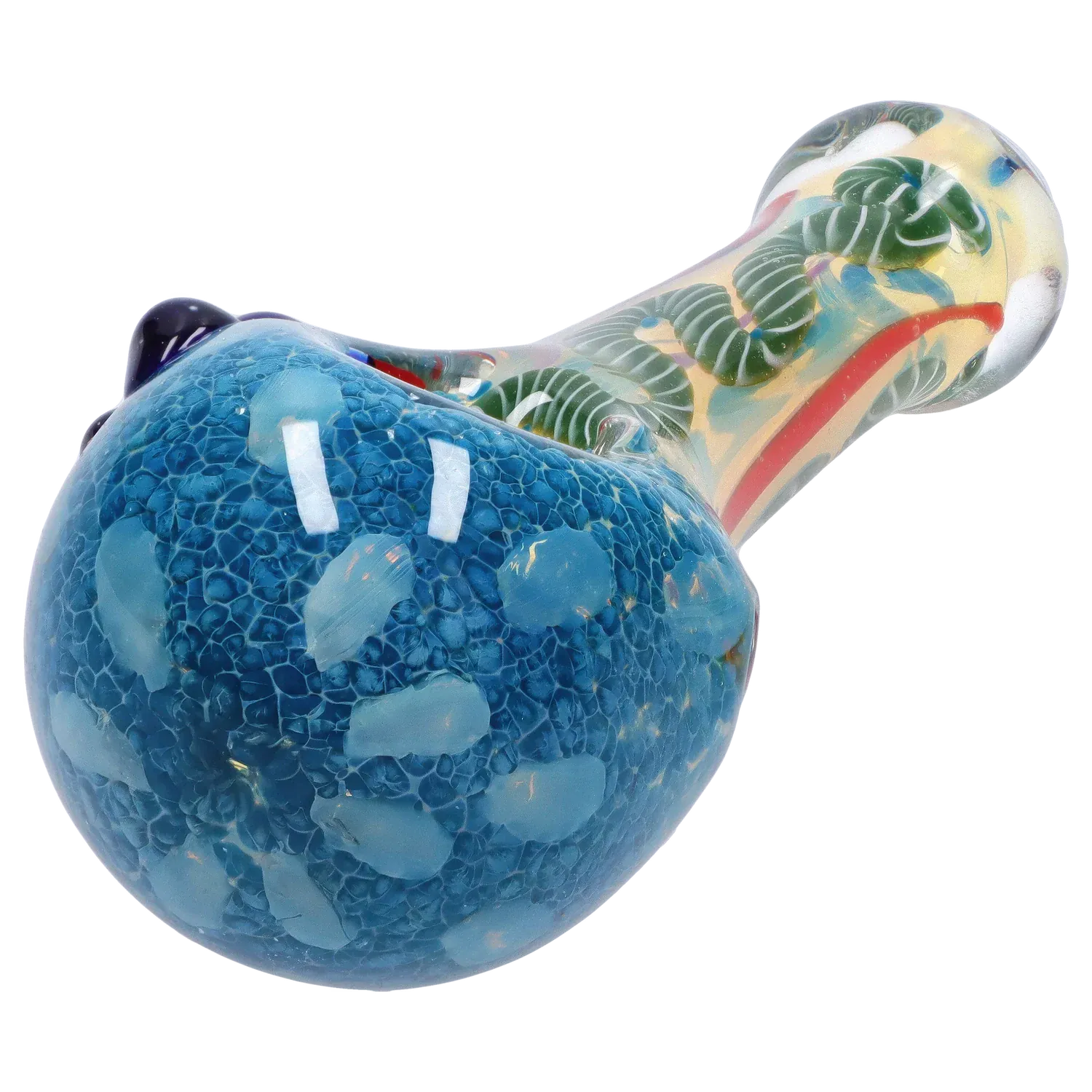 Close-up angled view of the DHC Frit Spoon Pipe - 5 in. showing a rounded blue frit-patterned bowl and a clear stem with green spiral millefiori accents.